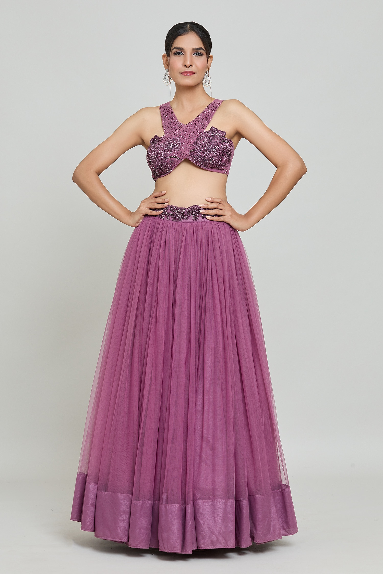 Buy Purple Net Hand Embroidered Mirror Cross Crop Top With Flared Skirt