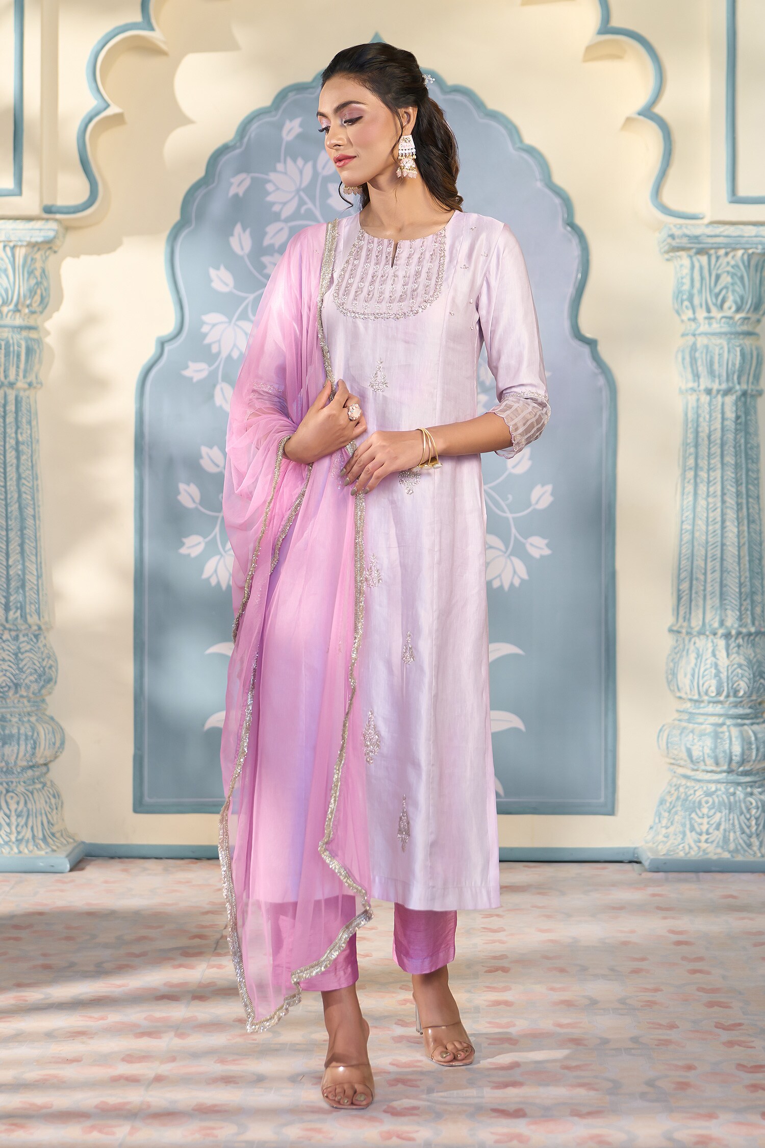 Buy Purple Kurta Satin Embroidered Floral Notched Zardozi Set For Women