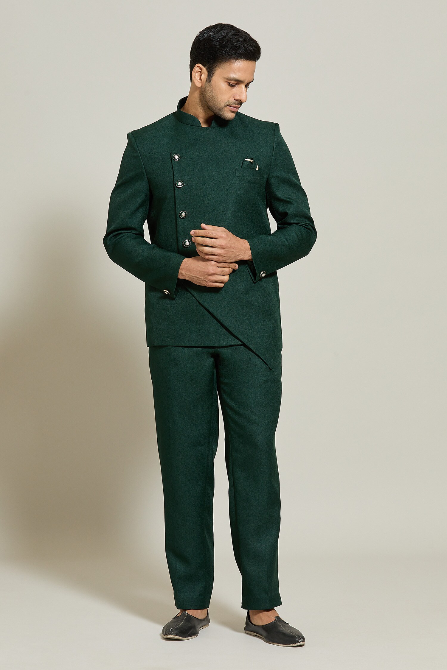 Buy Green Terry Rayon Solid Bandhgala And Trouser Set For Men By