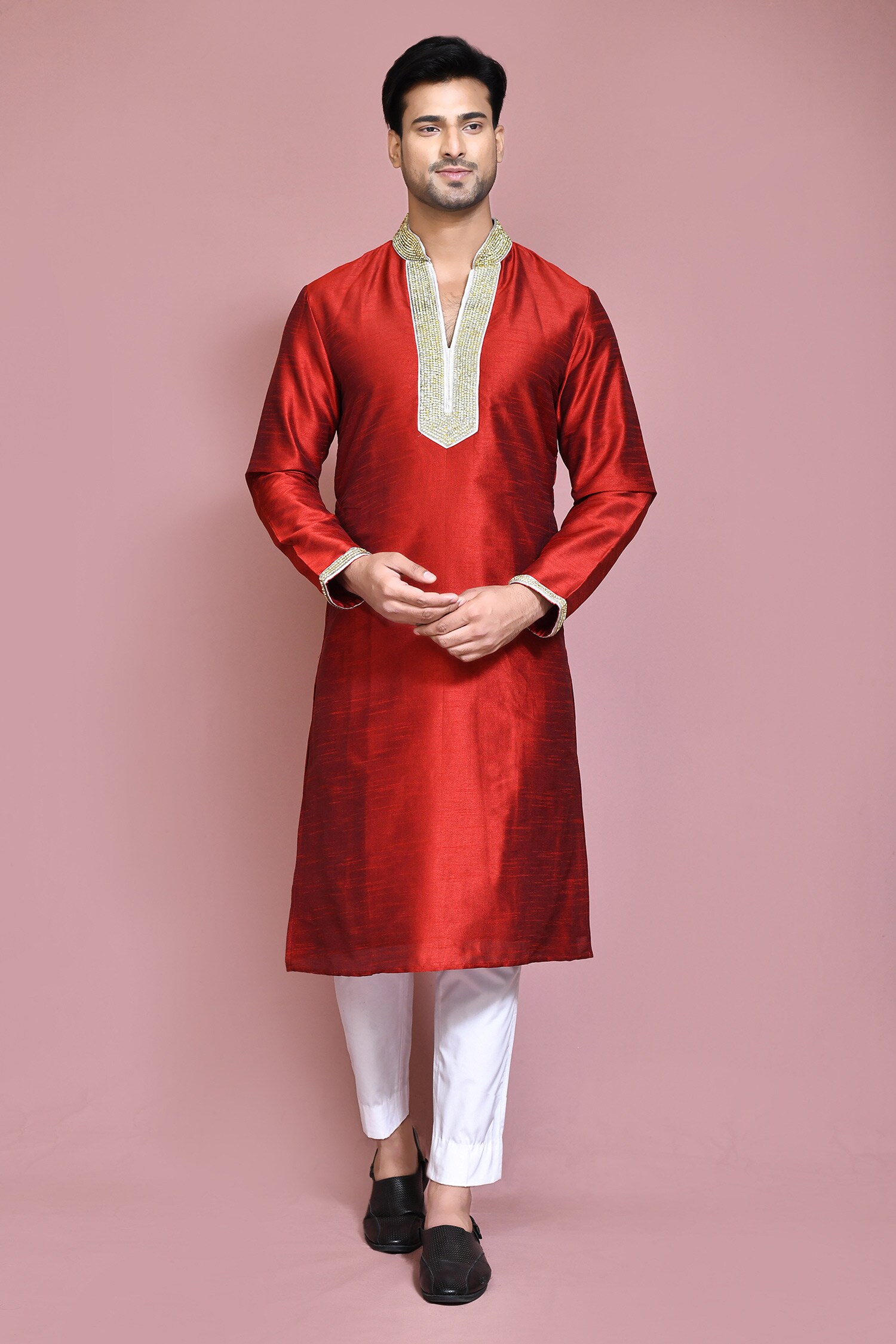 Buy Maroon Raw Silk Hand Embroidered Bead Kurta And Pyjama Set For Men