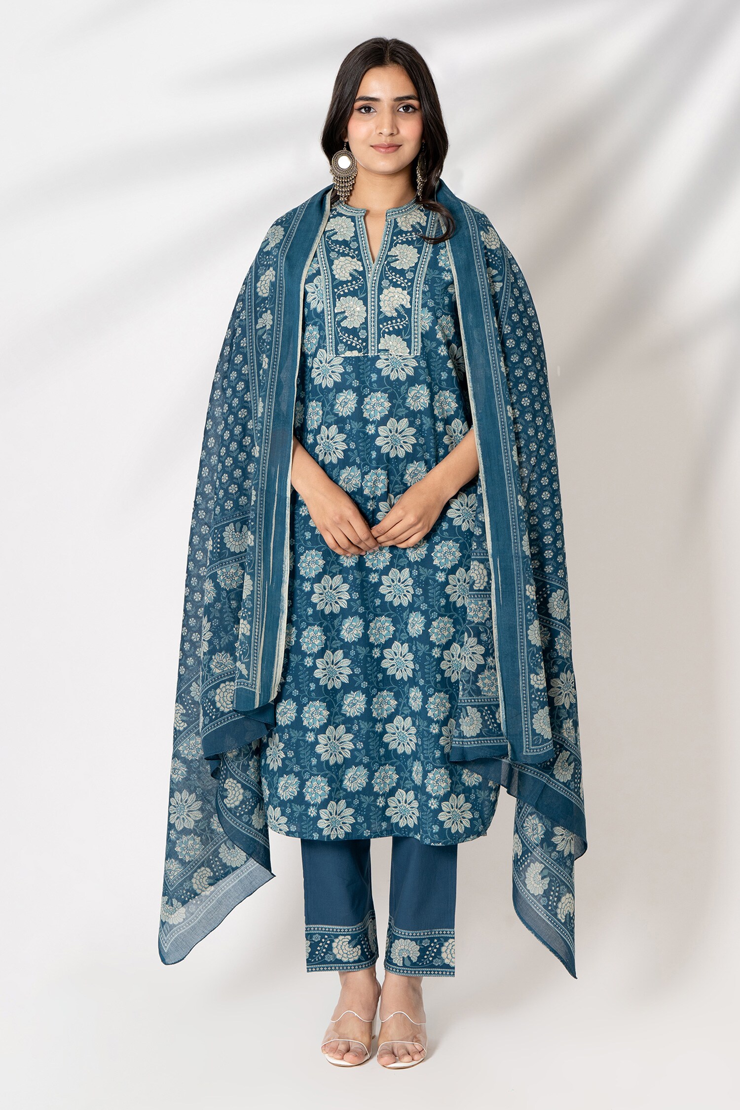 Buy Blue Kurta And Pant Cotton Print Floral Notched Flower Bloom Set