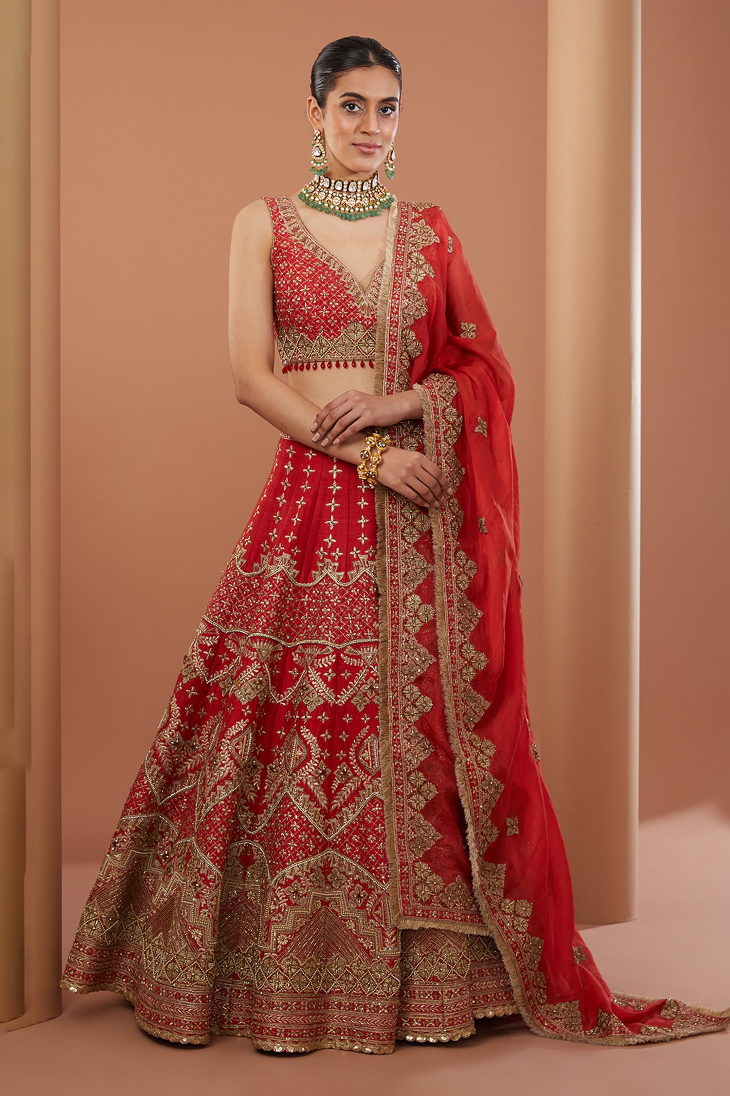 Buy Red Raw Silk Embroidery Zari Plunged V Neck Bahar Bridal Lehenga