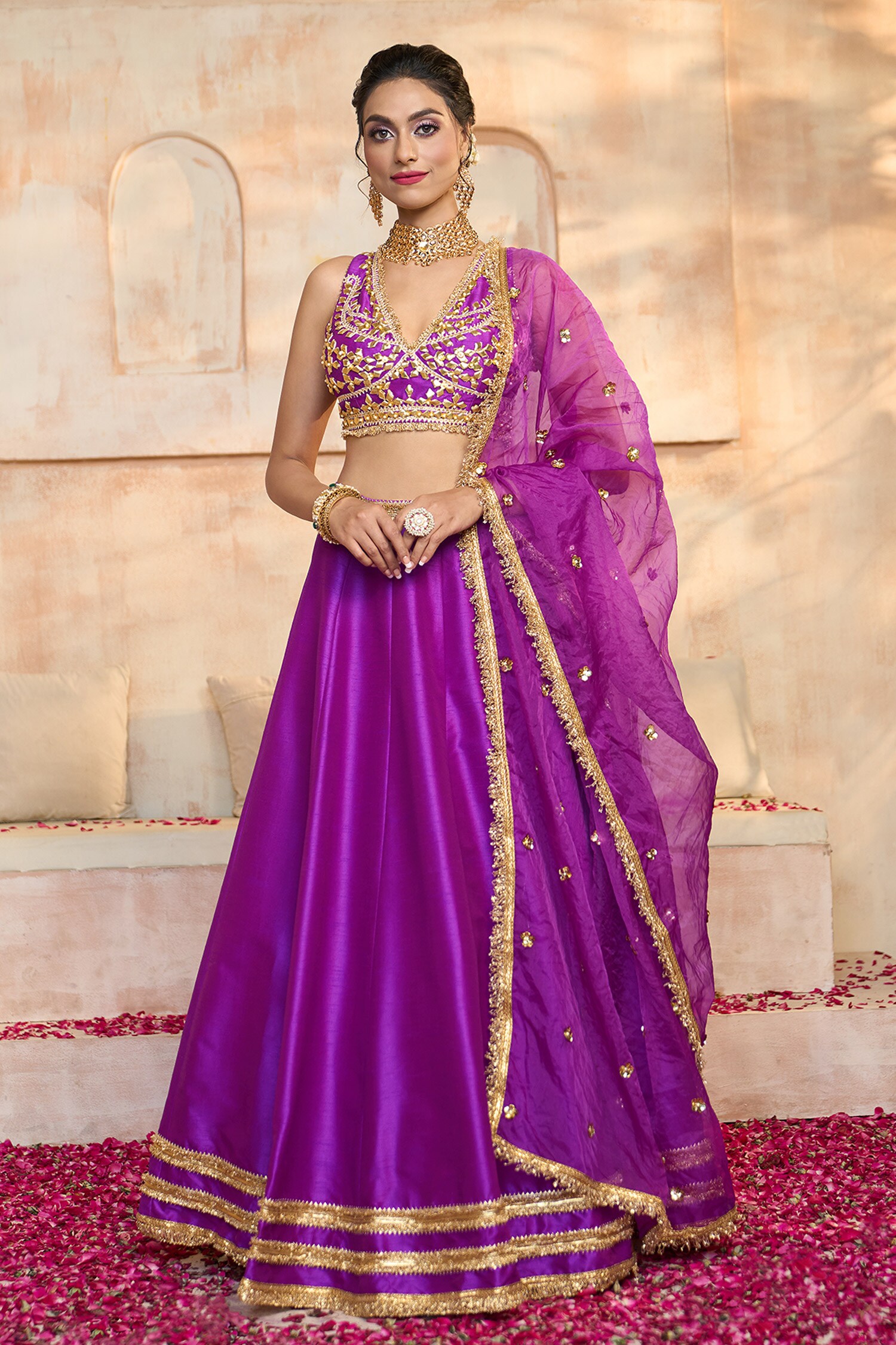 Buy Purple Blouse And Lehenga Dupion Embroidered Gota V Neck Work Set