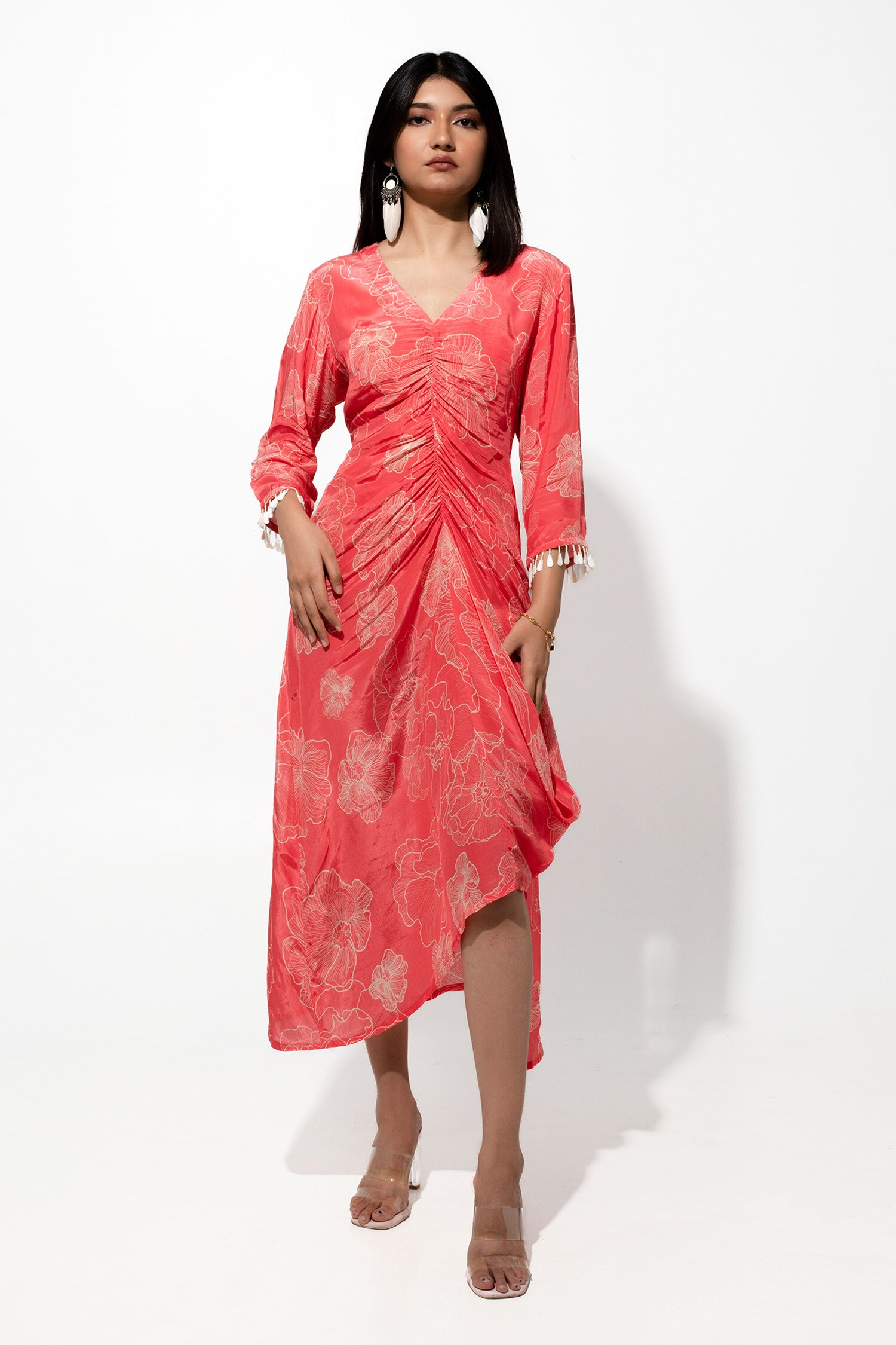 Buy Peach Bemberg Crepe Print Floral V Neck Flower Ruched Dress For