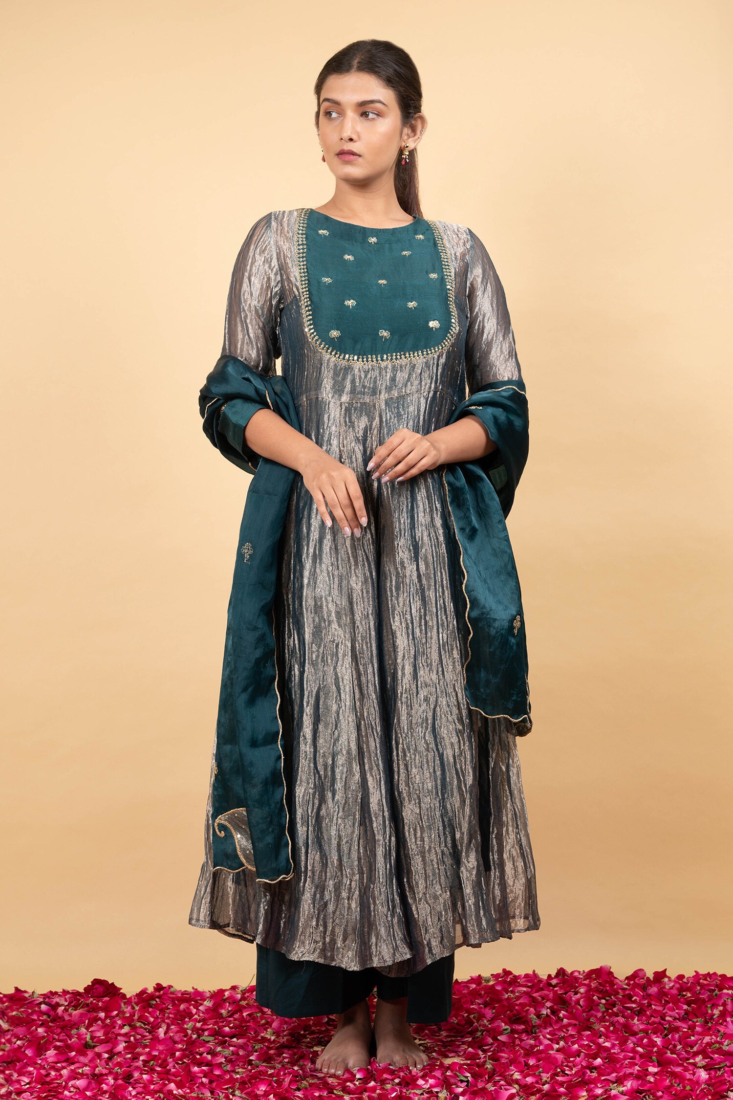 Buy Green Anarkali Pure Handwoven Tissue Silk Embroidery Zari Thread