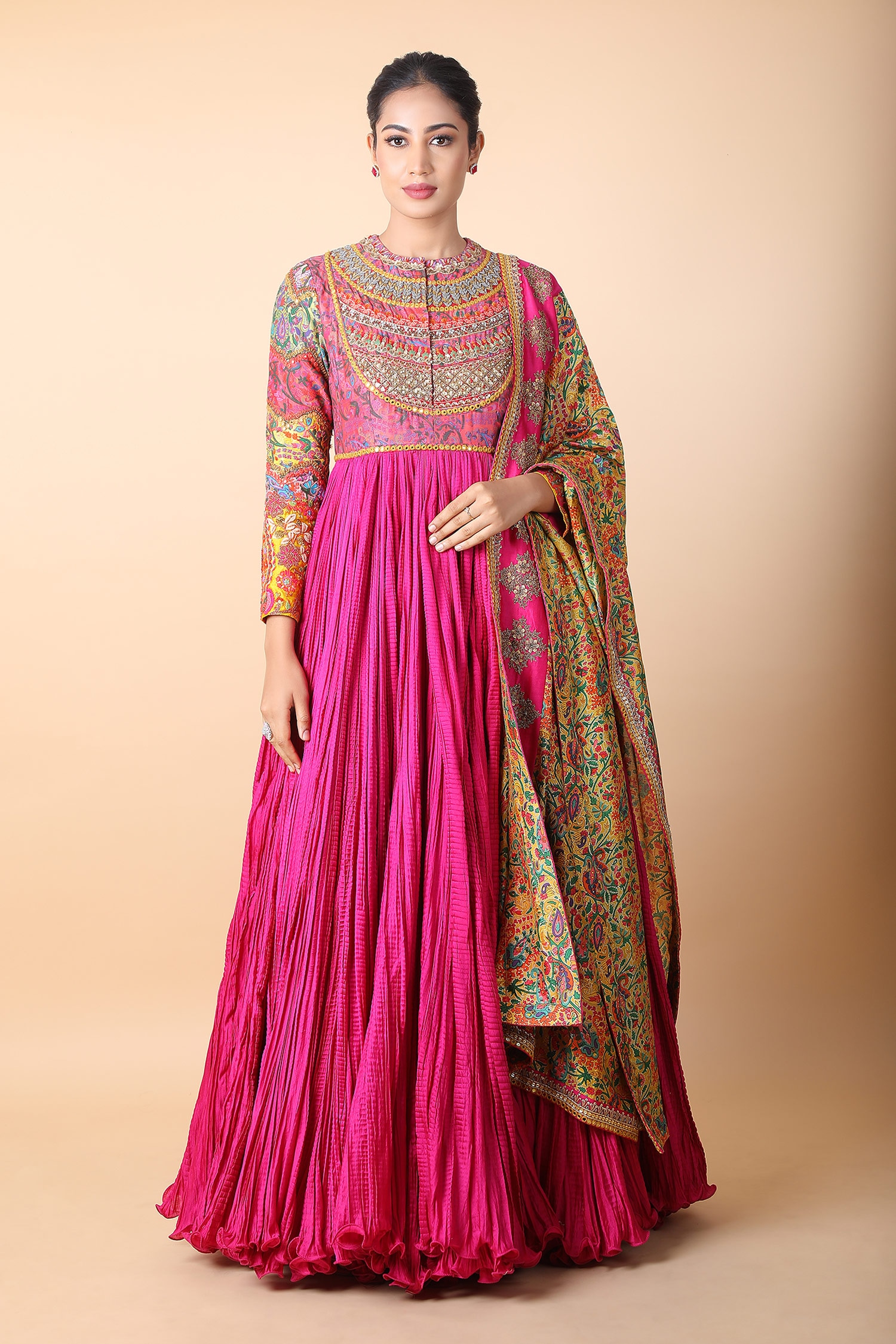 Buy Magenta Printed Floral Round Anarkali With Dupatta For Women By