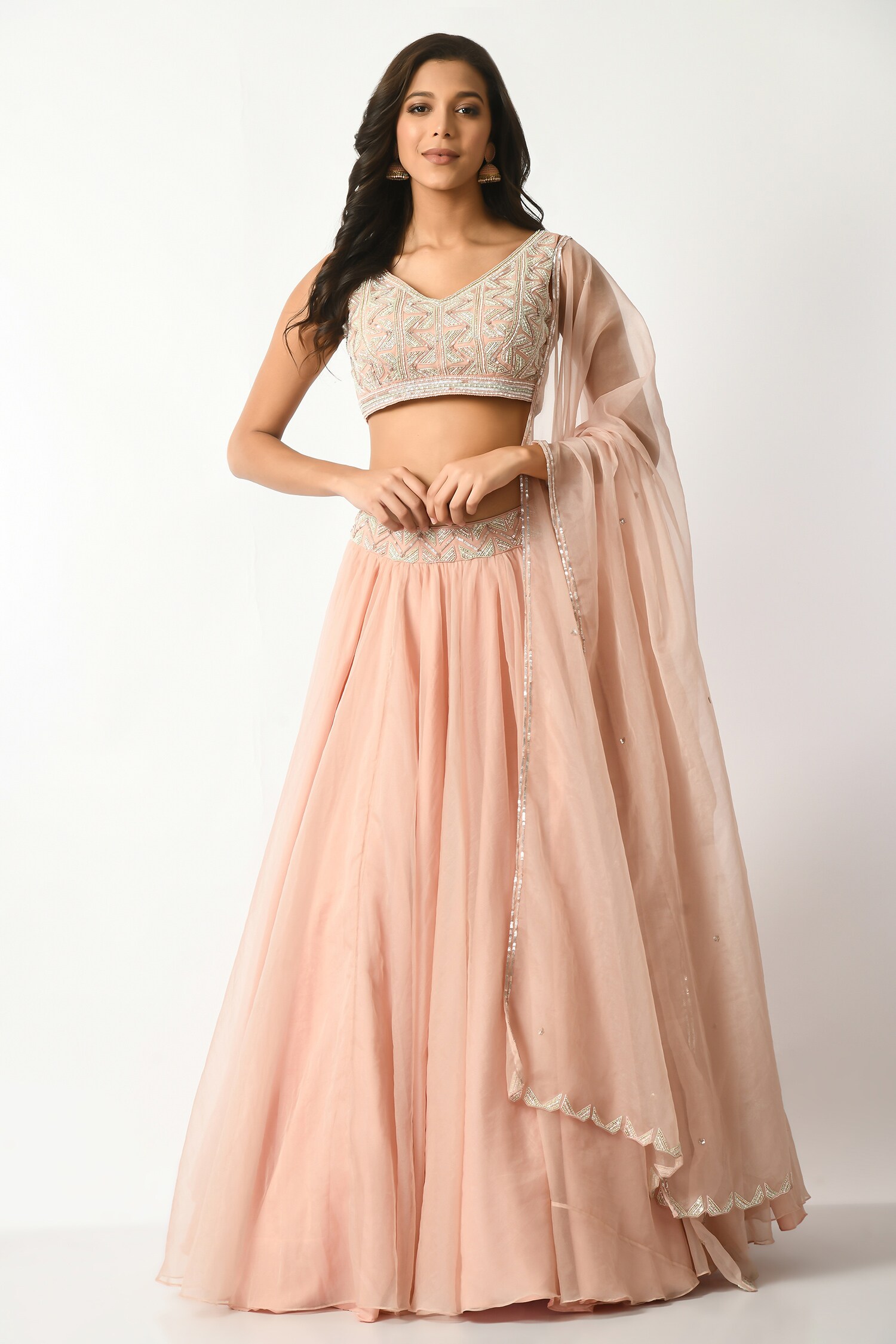 Buy Pink Organza Hand Embellished Geometric V Neck Blouse Lehenga Set