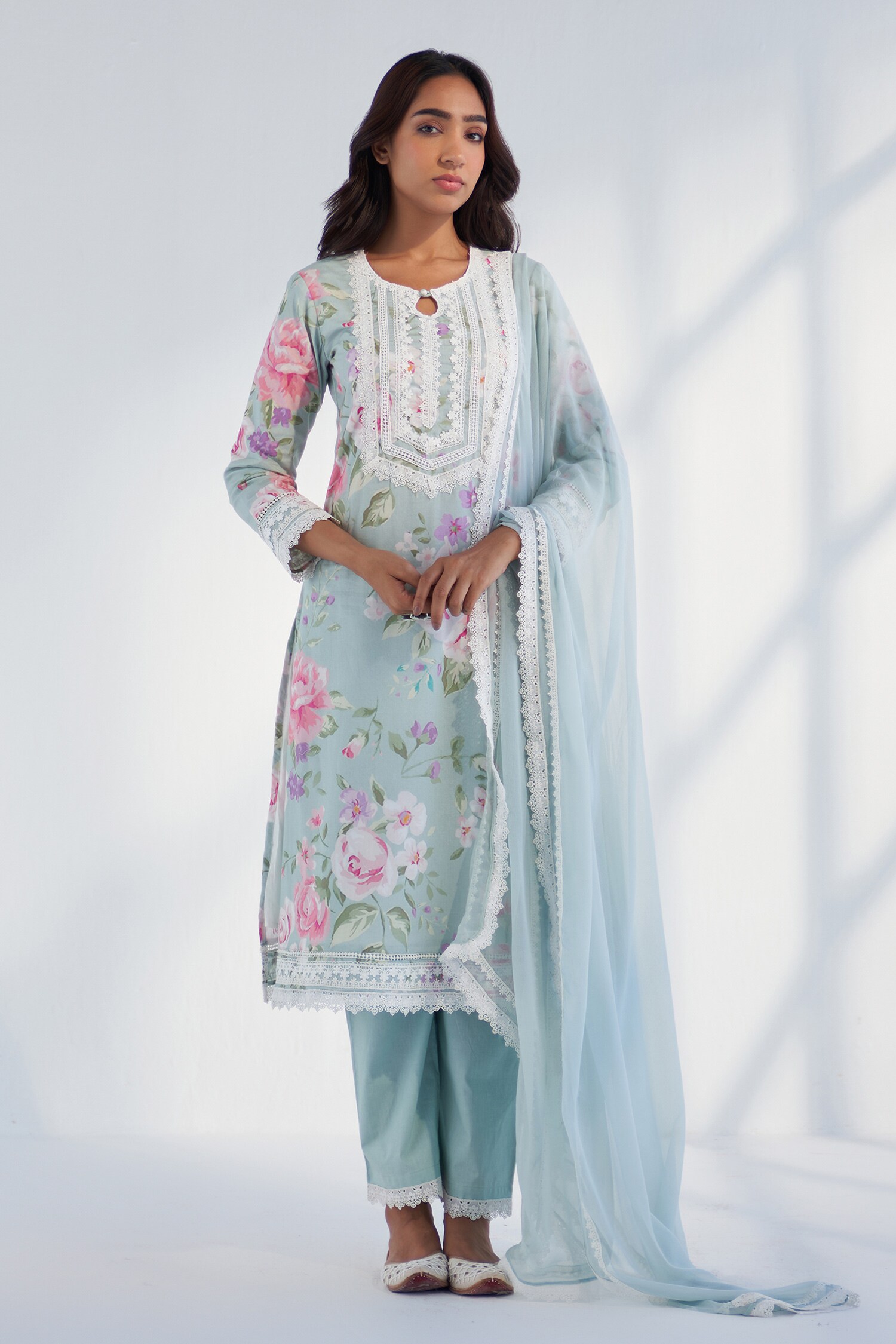 Buy Blue Kurta And Pant Pure Cotton Printed Floral Round Nyla Set For