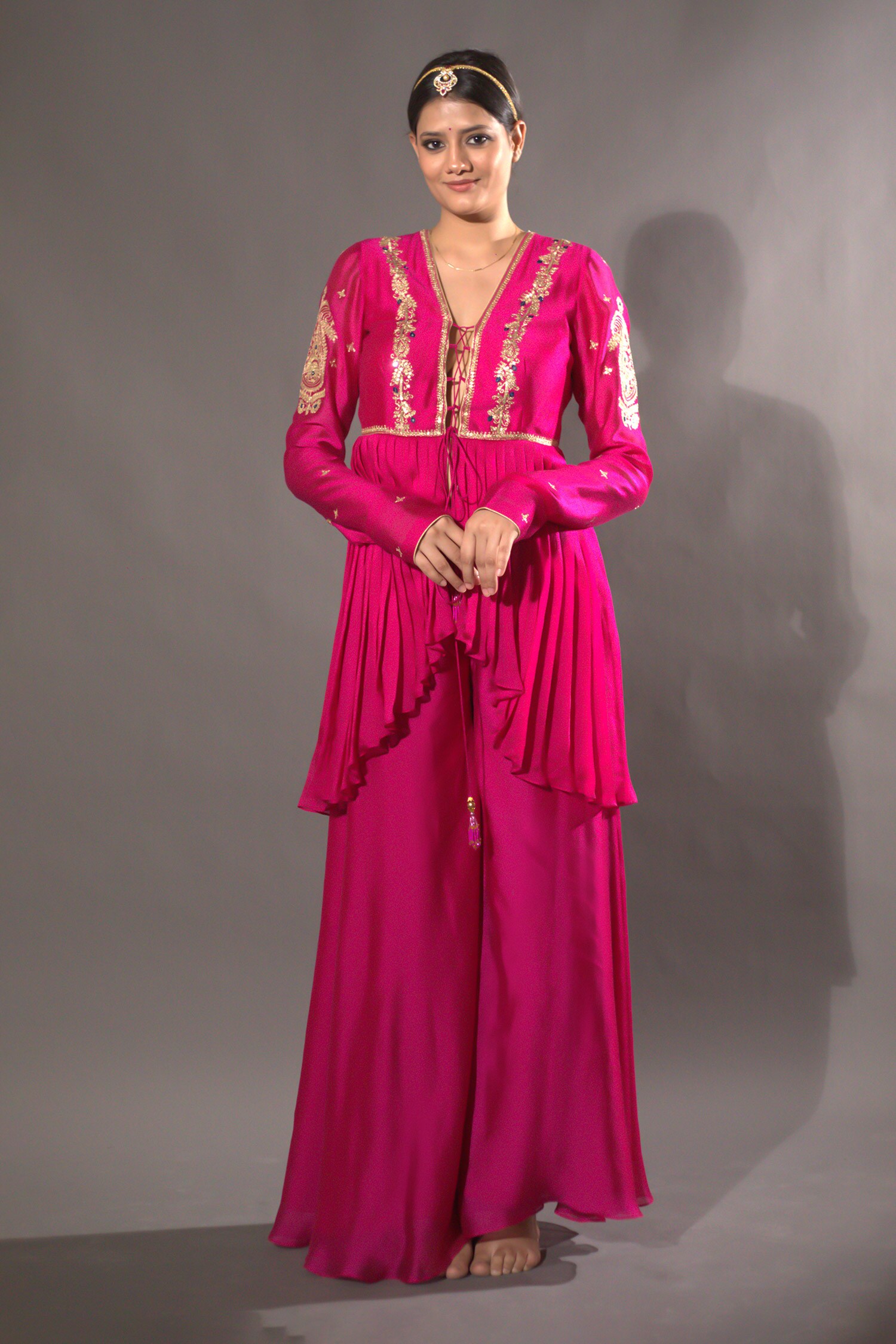 Buy Fuchsia Chanderi Hand Embroidered Sequins V Peplum Top And Sharara