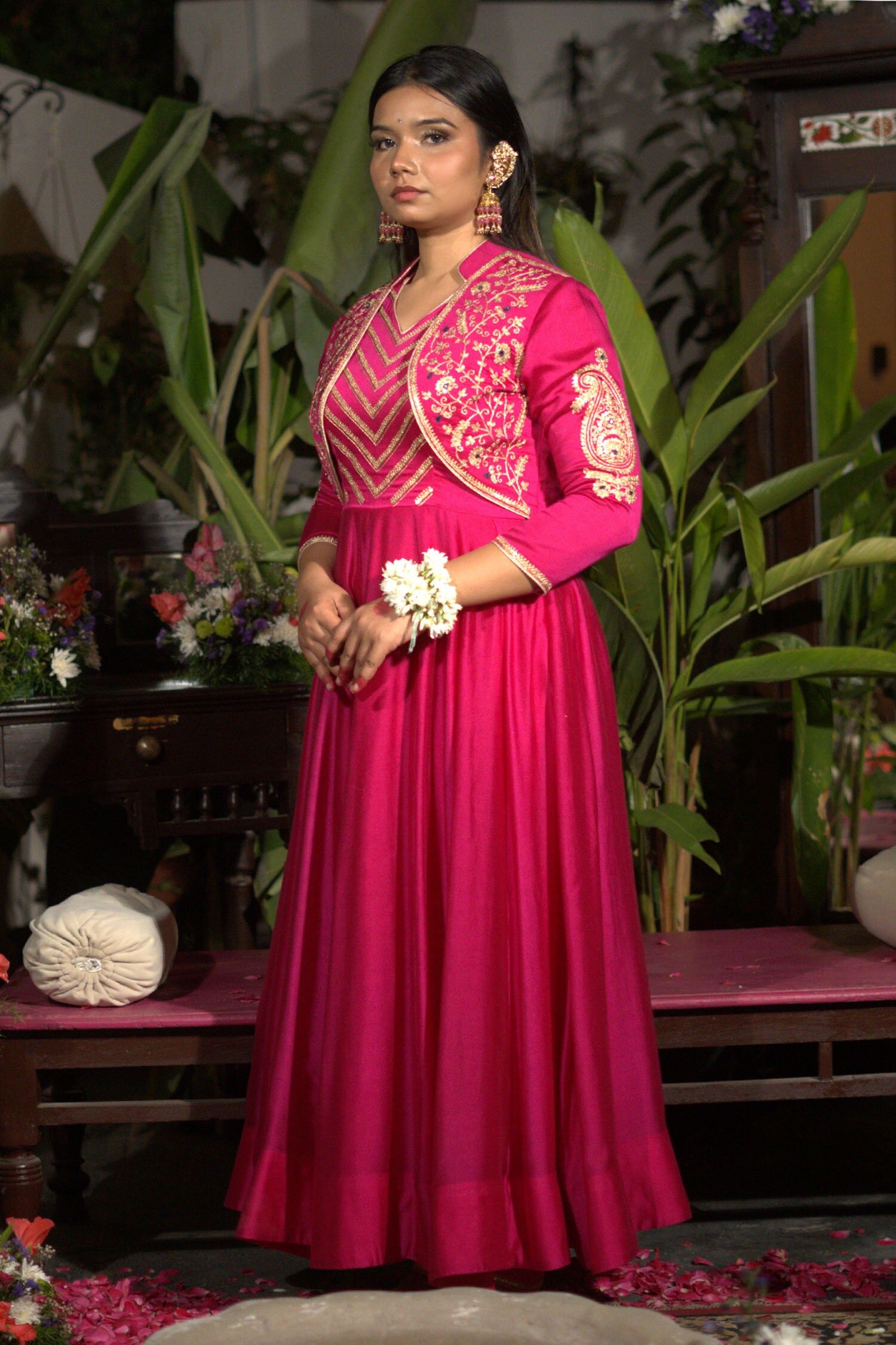 Buy Fuchsia Chanderi Hand Embroidered Sequins Yoke With Anarkali Set