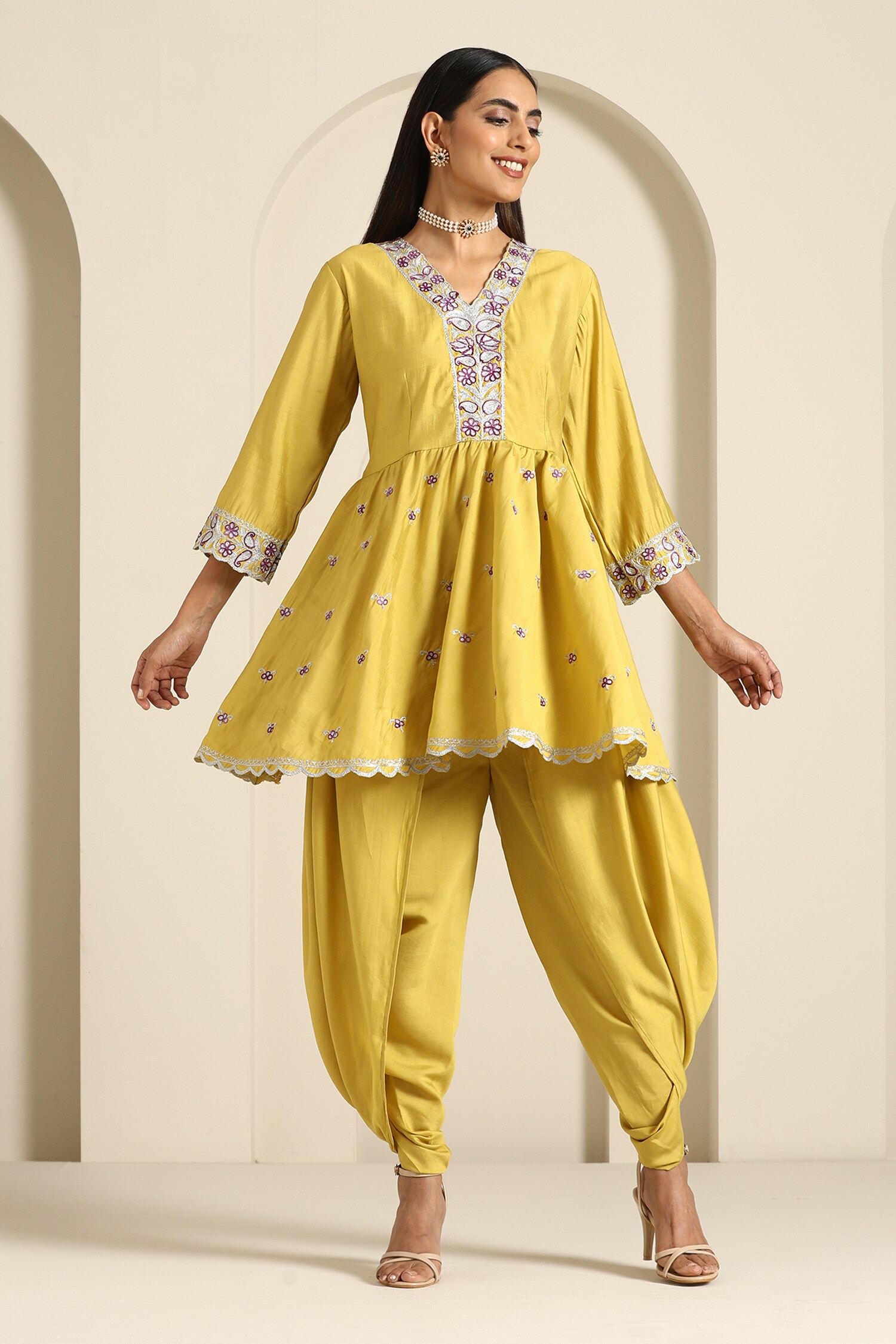 Buy Yellow Muslin Embroidered Thread Aari Peplum Kurta With Dhoti Pant