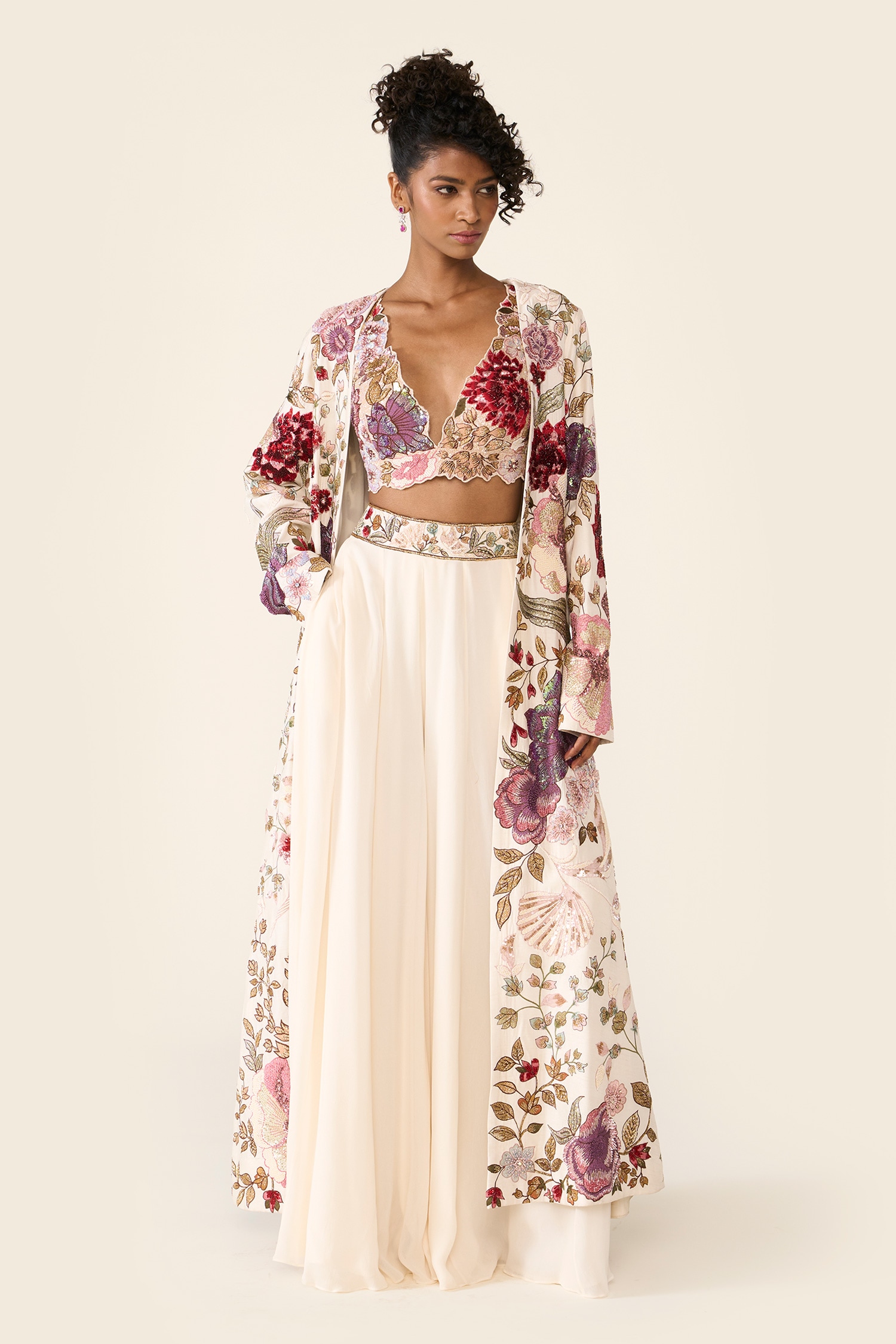 Buy Ivory Silk Dupion Printed Floral V Neck Embroidered Cape Trouser