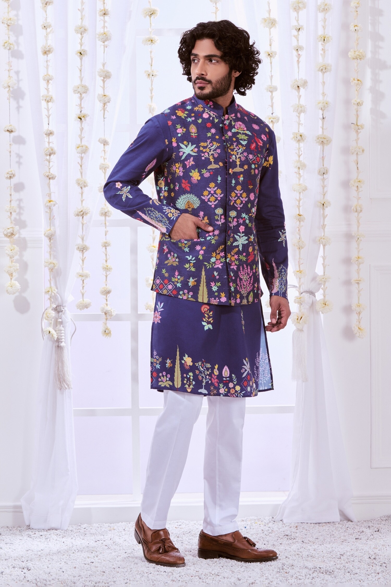 Buy Blue Silk Embroidery Kalamkari Thread Nizam Bundi And Kurta