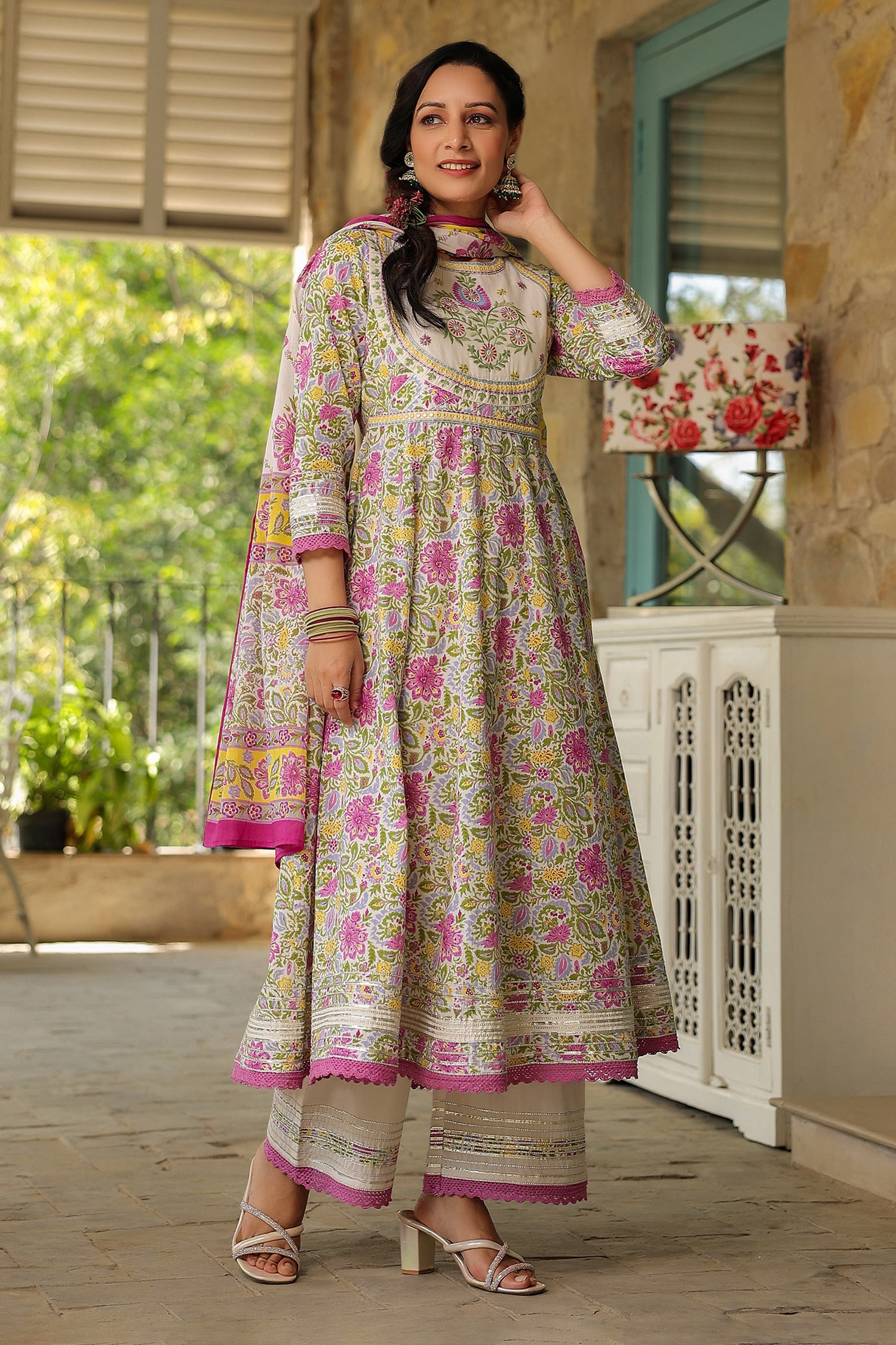 Buy Purple Cotton Printed Floral Round Anarkali Set For Women By