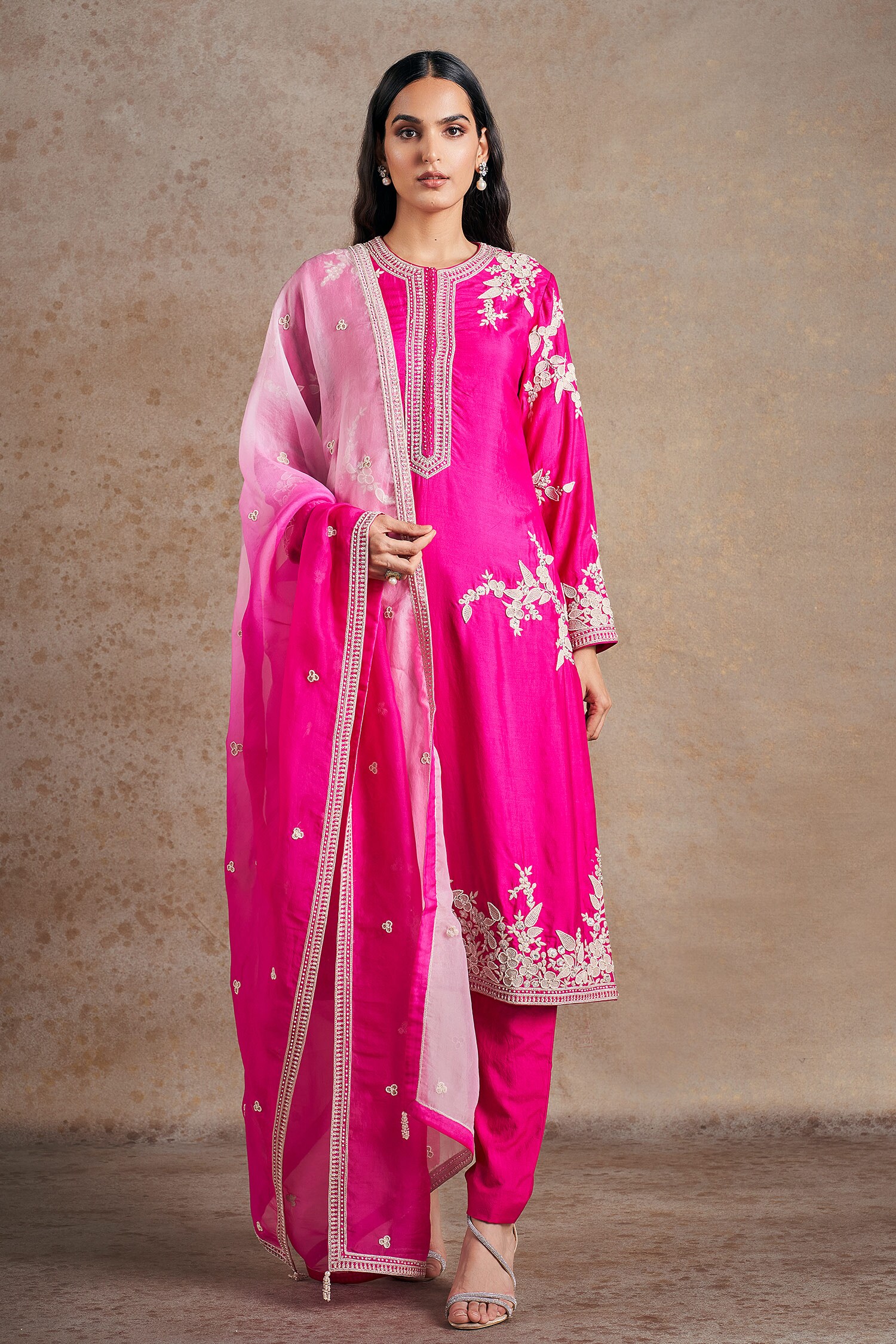 Buy Fuchsia Kurta And Pant Pure Silk Embroidered Thread Round Pearl