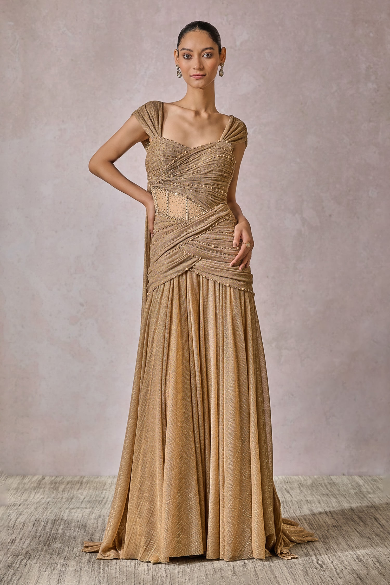 Buy Gold Crinkle Net Embellished Crystal Sweetheart Neck Fluted Gown