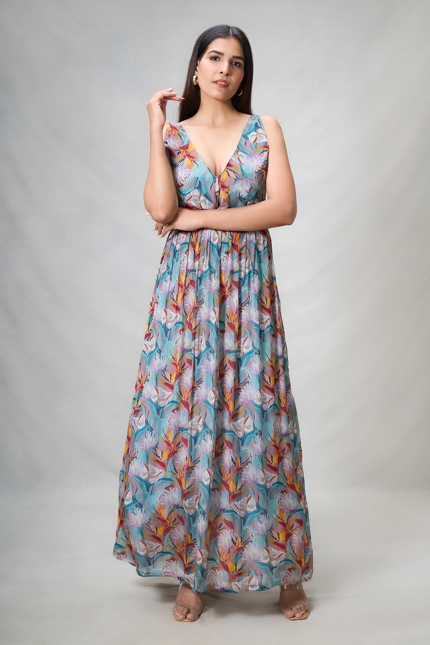 Buy Multi Color Chinon Printed Lily V Neck Dress For Women By Khwaab By