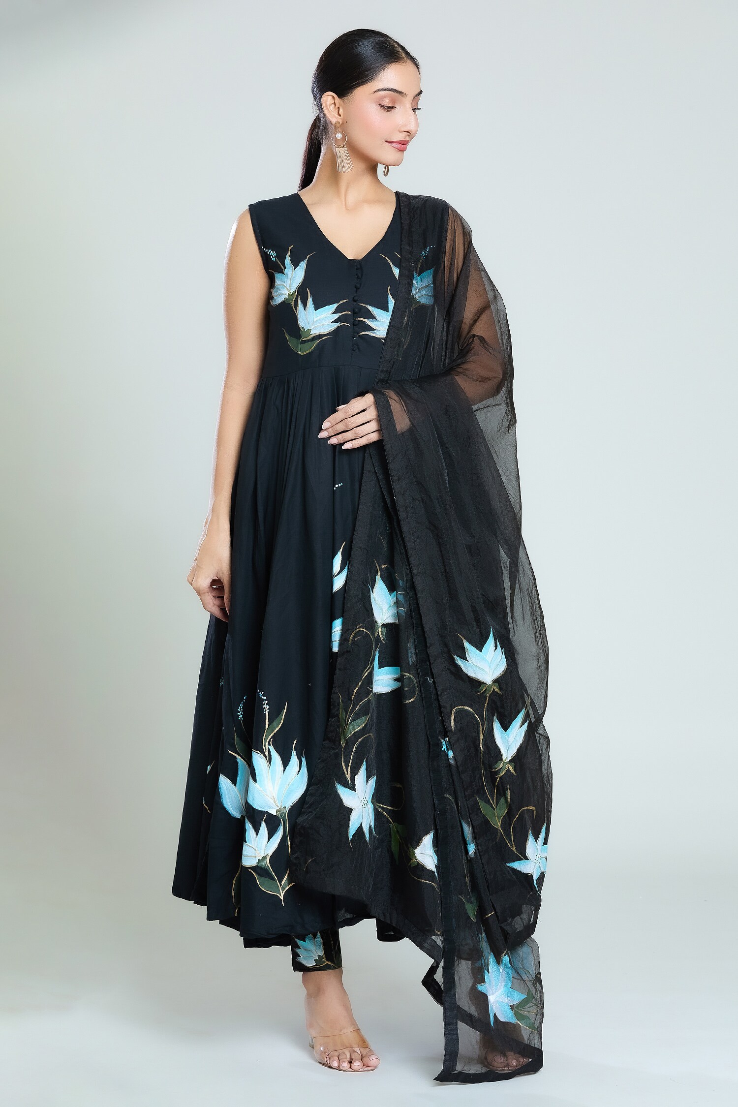 Buy Black Anarkali Muslin Handpainted Floral V Neck Pant Set For Women