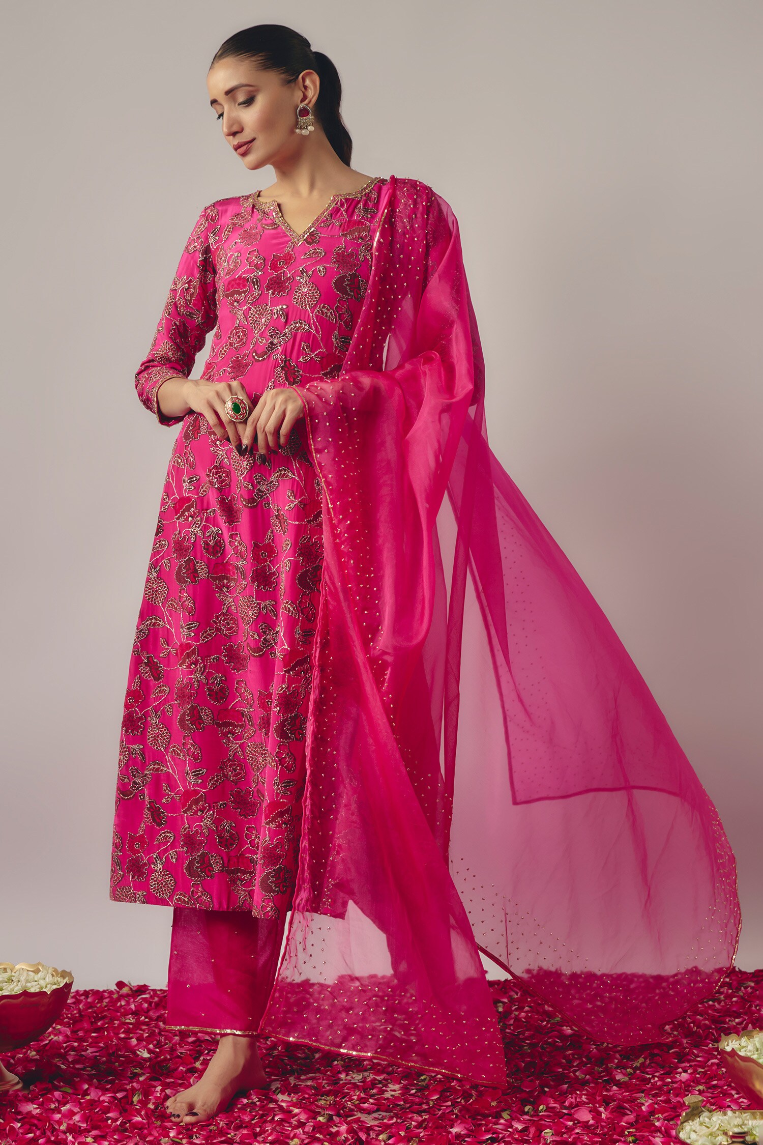 Buy Pink Organza Print Floral Notched Round Neck Gul And Embellished