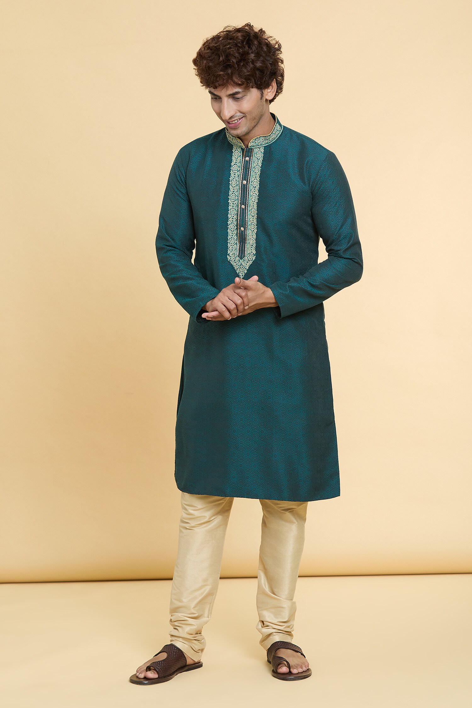 Buy Green Kurta Jacquard Art Silk Woven Floral Geometric Pattern With