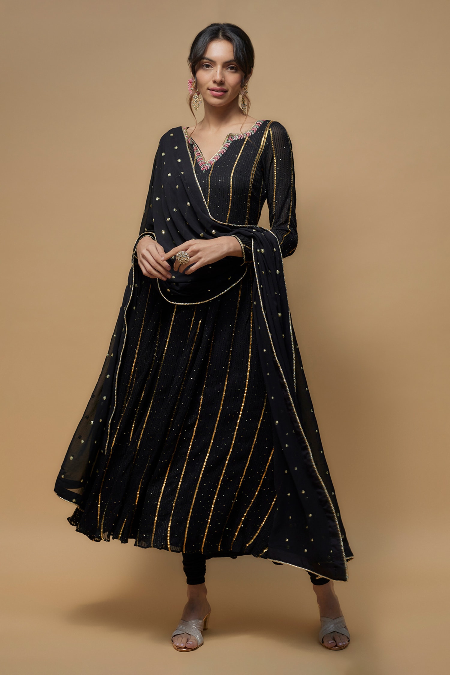 Buy Black Georgette Embroidery Gota Patti Square Neck And Tikki