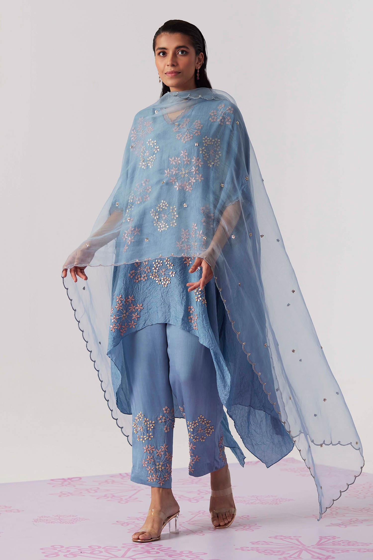 Buy Blue Kaftan Viscose Silk Embroidered Sequin V Neck With Pant For