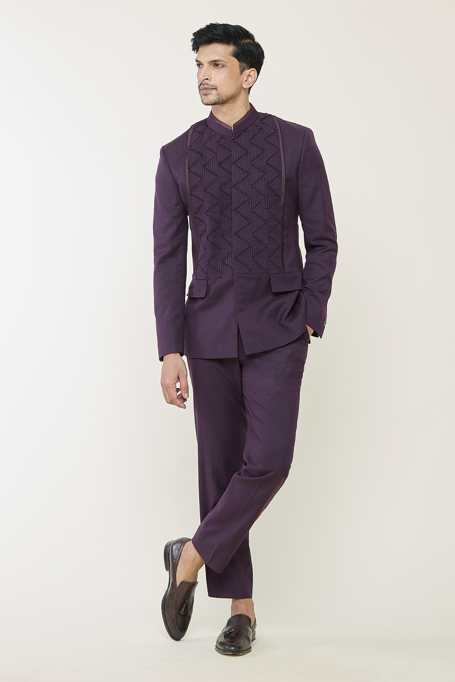 Buy Purple Bandhgala Wool And Pant Fabric Manipulation Set For Men By