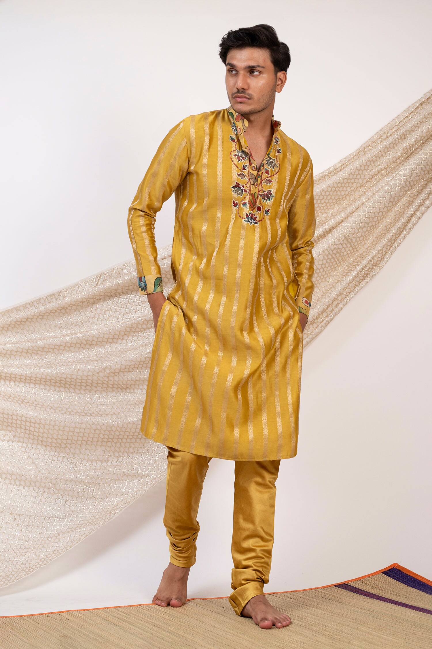 Buy Yellow Chanderi Silk Woven Pitta Lotus Vine Striped Kurta With