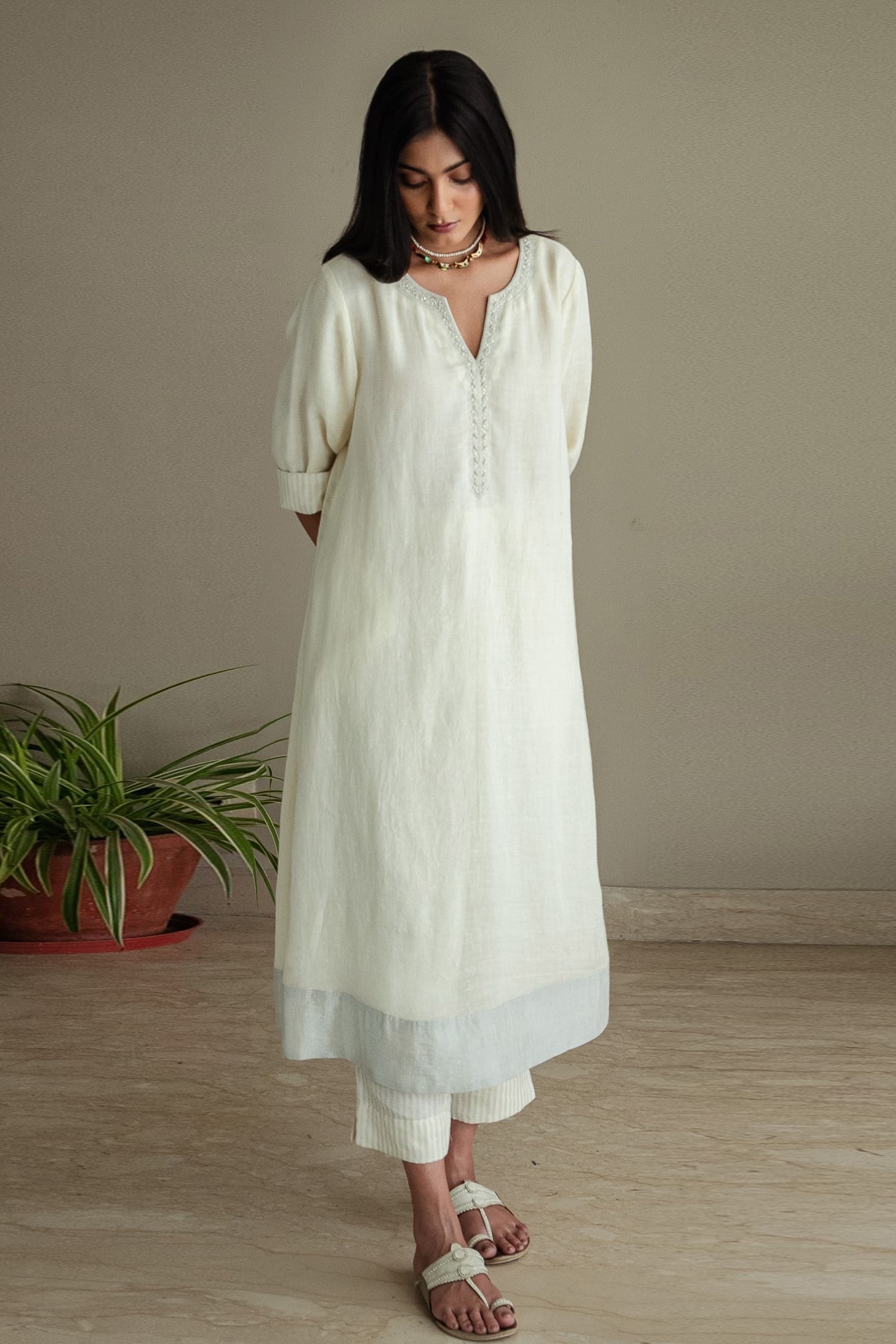 Buy Ivory Kurta Handwoven Linen Stripe Neckline And Pant Set For Women