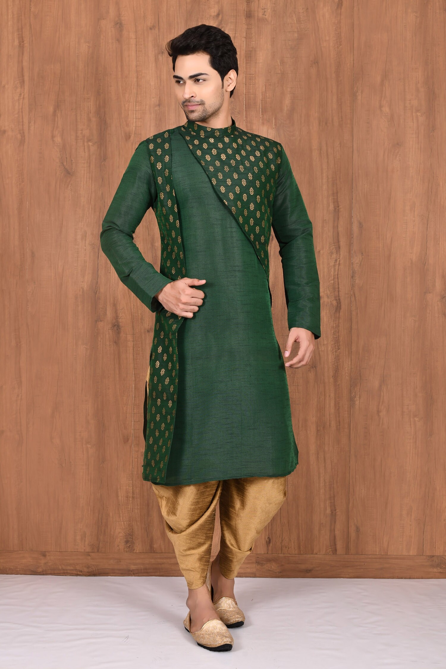 Buy Green Dupion Silk Woven Floral Panelled Kurta And Dhoti Pant Set