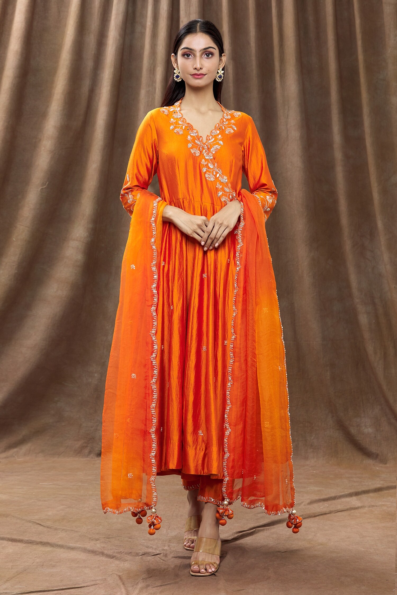 Buy Orange Pure Spun Silk Embroidery Sequin V Neck Angrakha Set For