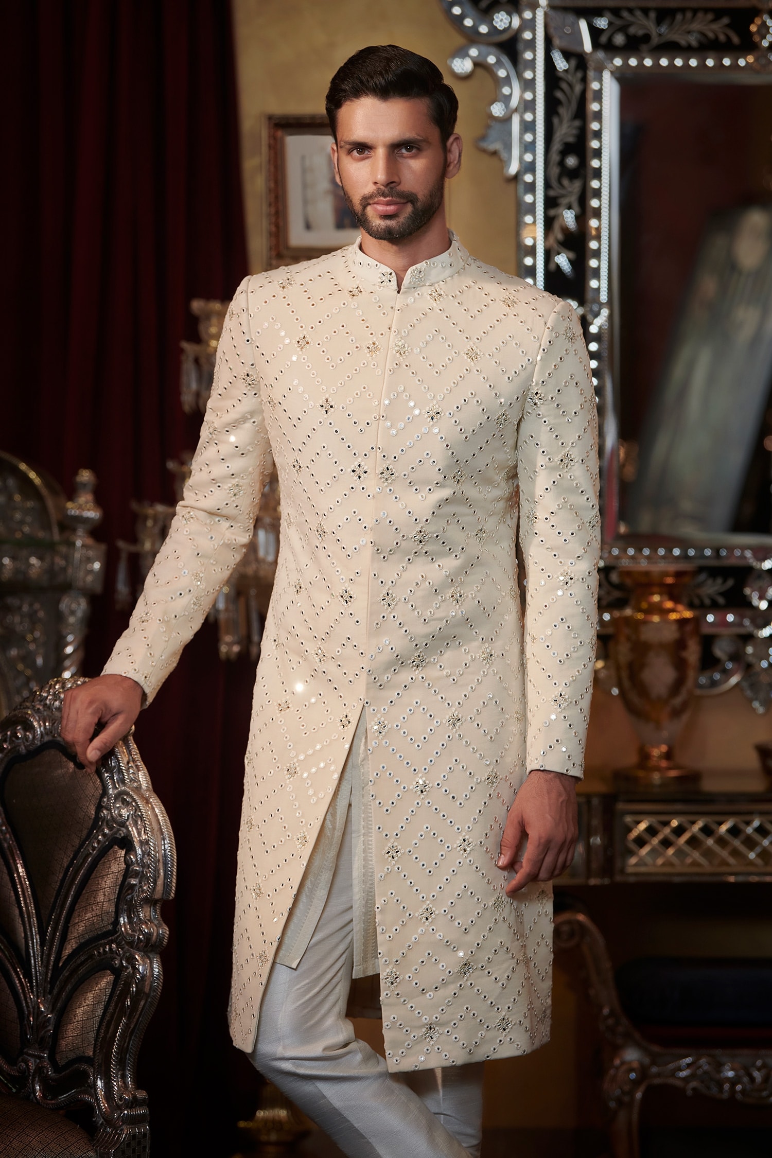 Buy White Georgette And Raw Silk Embroidery Thread Sherwani Pant