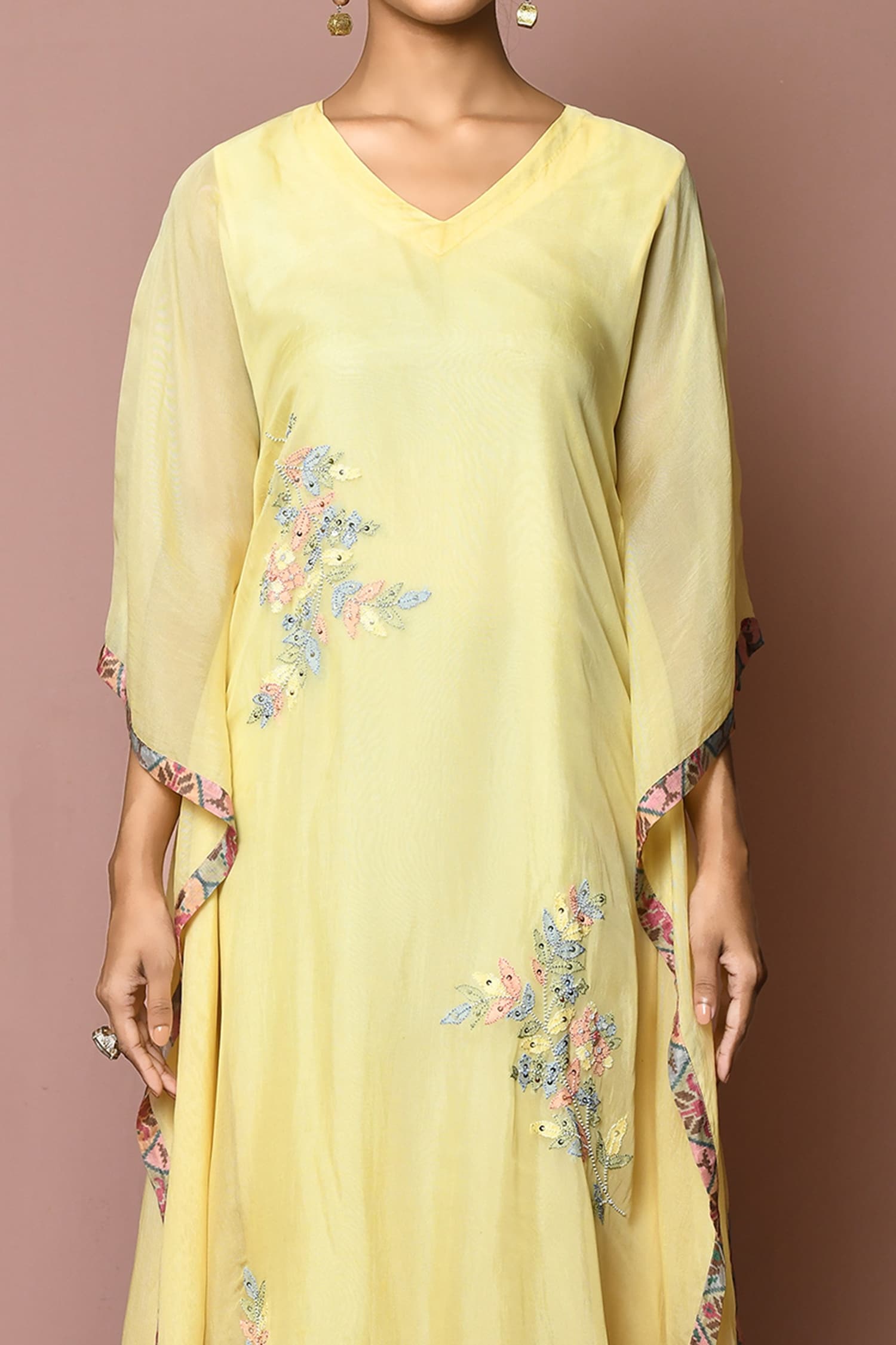 Buy Khwaab By Sanjana Lakhani Yellow Organza Floral Embroidered Kaftan