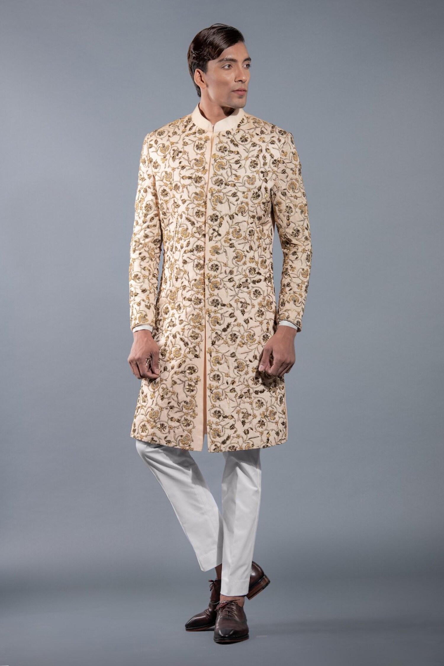 Buy More Mischief Peach Silk Linen Floral Embroidered Sherwani Online