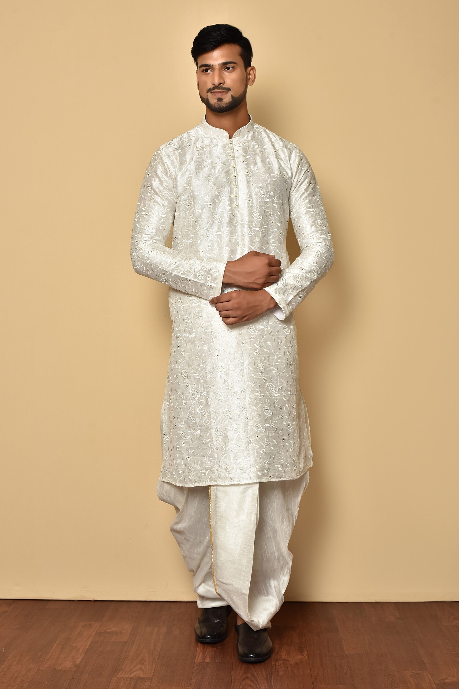 Buy Off White Kurta Dupion Art Silk Embroidered Paisley Full Sleeve