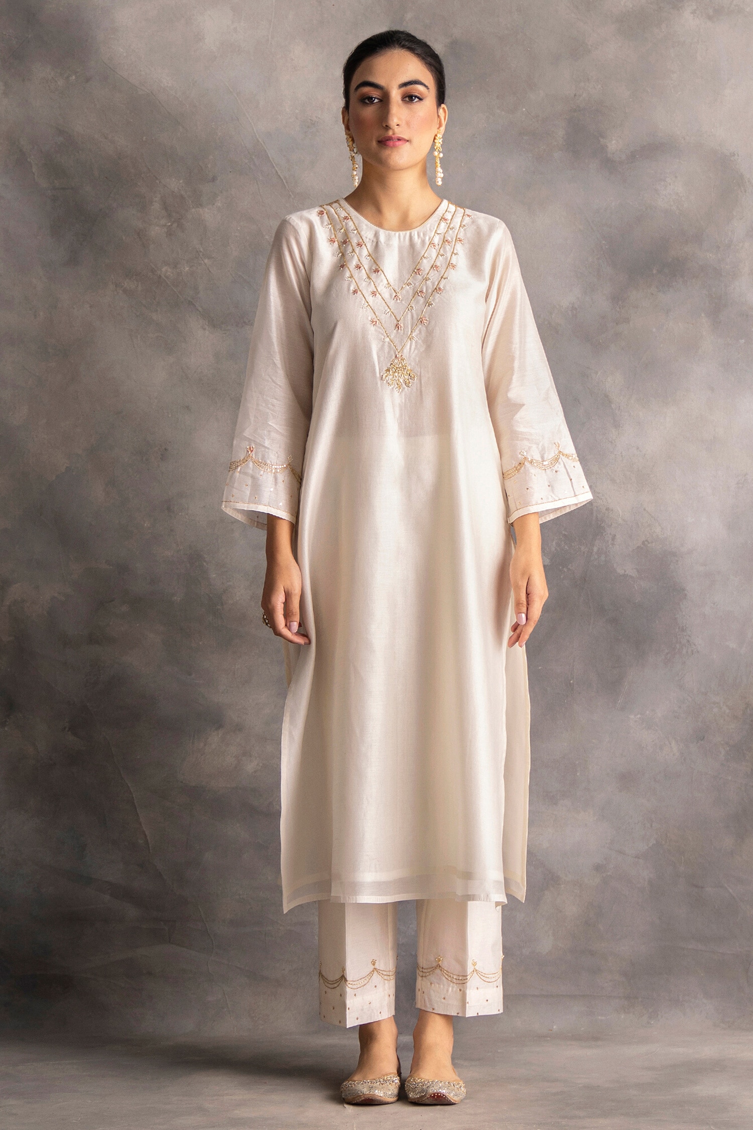 Buy White Silk Chanderi Embroidery Round Kurta For Women By Anantaa By