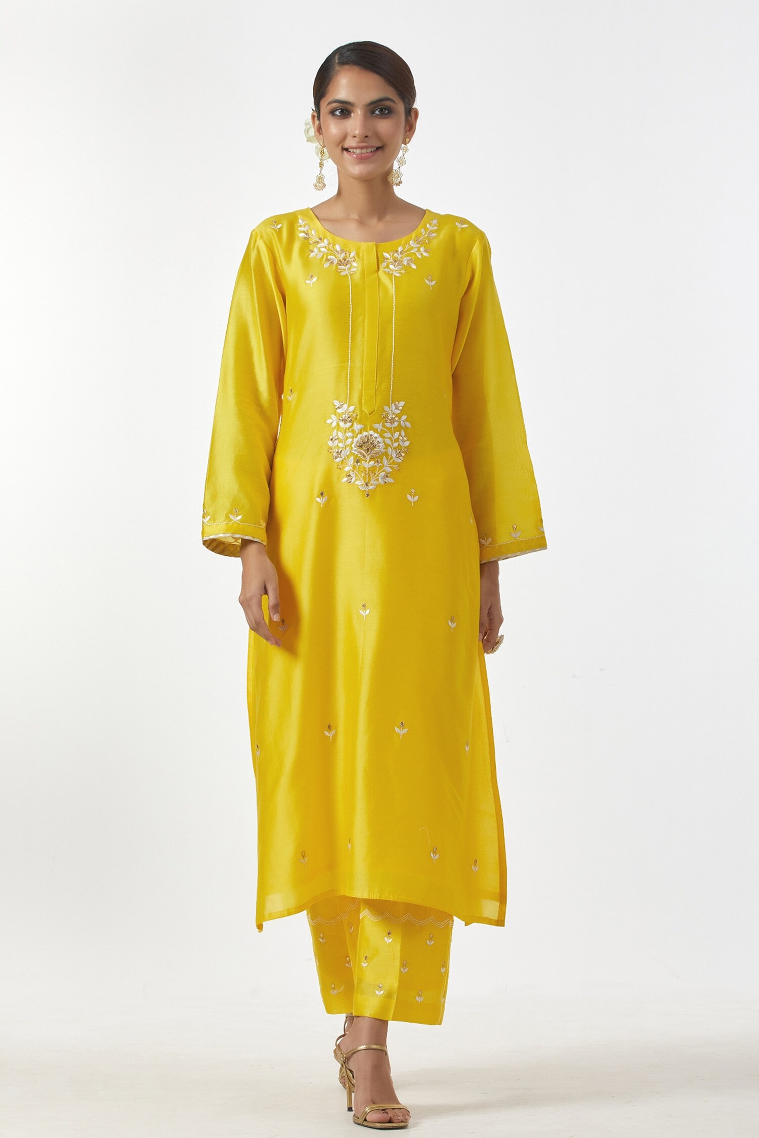 Buy Yellow Silk Chanderi Embroidered Floral Motifs Round Kurta For