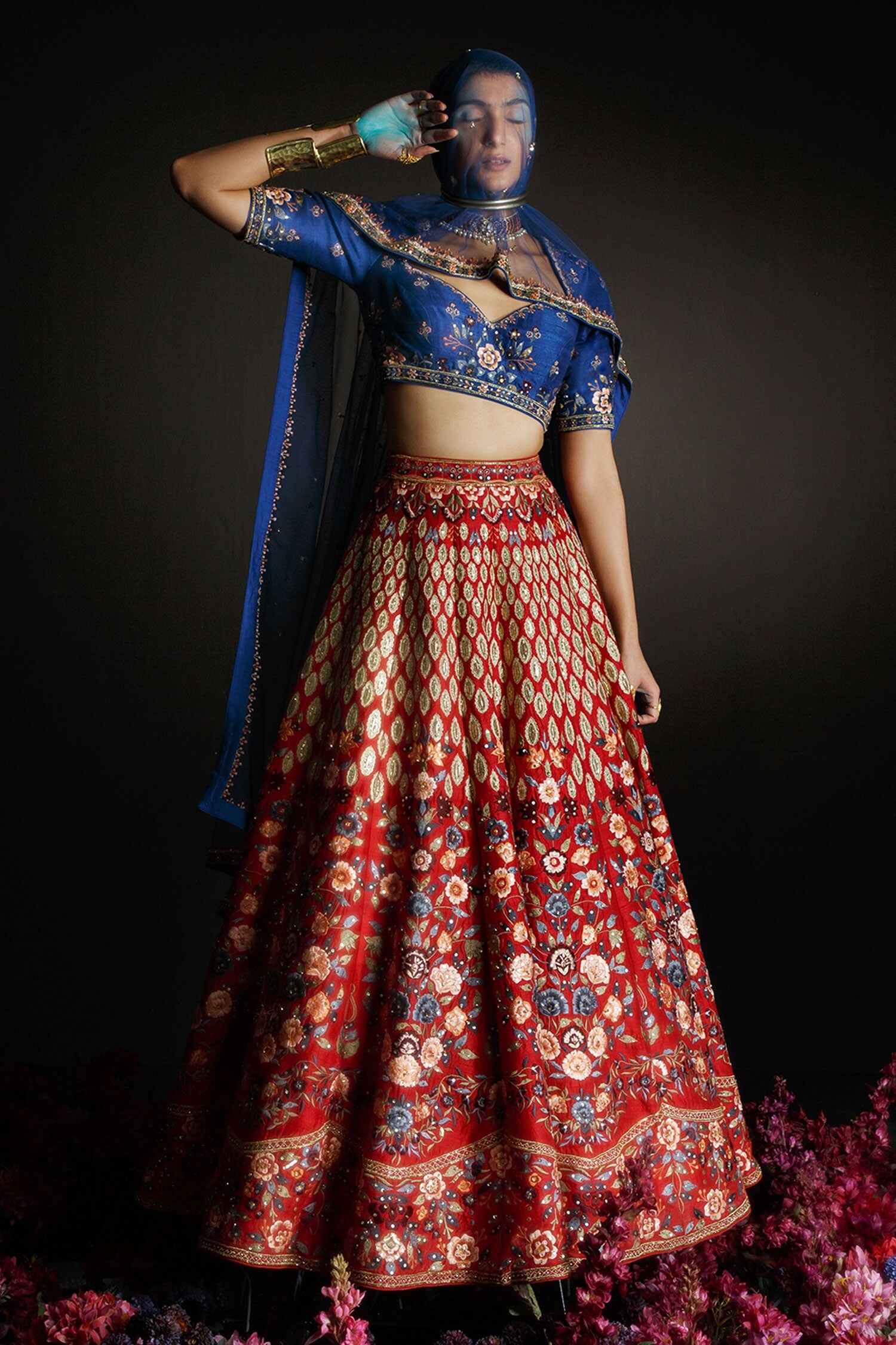 Buy Red Raw Silk Embroidery Cutdana Sweetheart Floral Bridal Lehenga