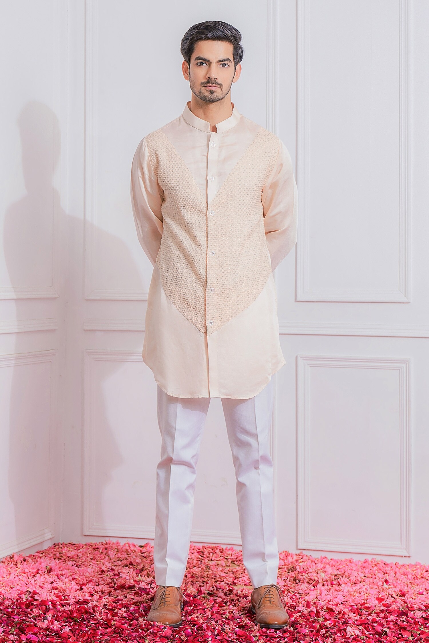 Buy Peach Pure Georgette Embroidered Satin Linen Kurta Set For Men By