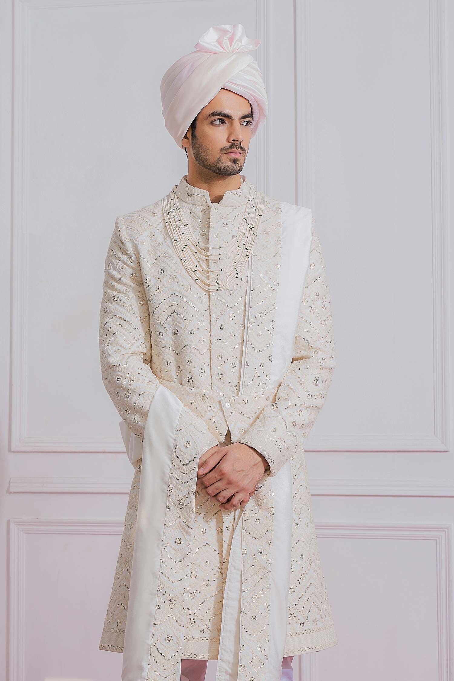 Buy White Pure Georgette Embroidered Sequin Sherwani For Men By Ankit V