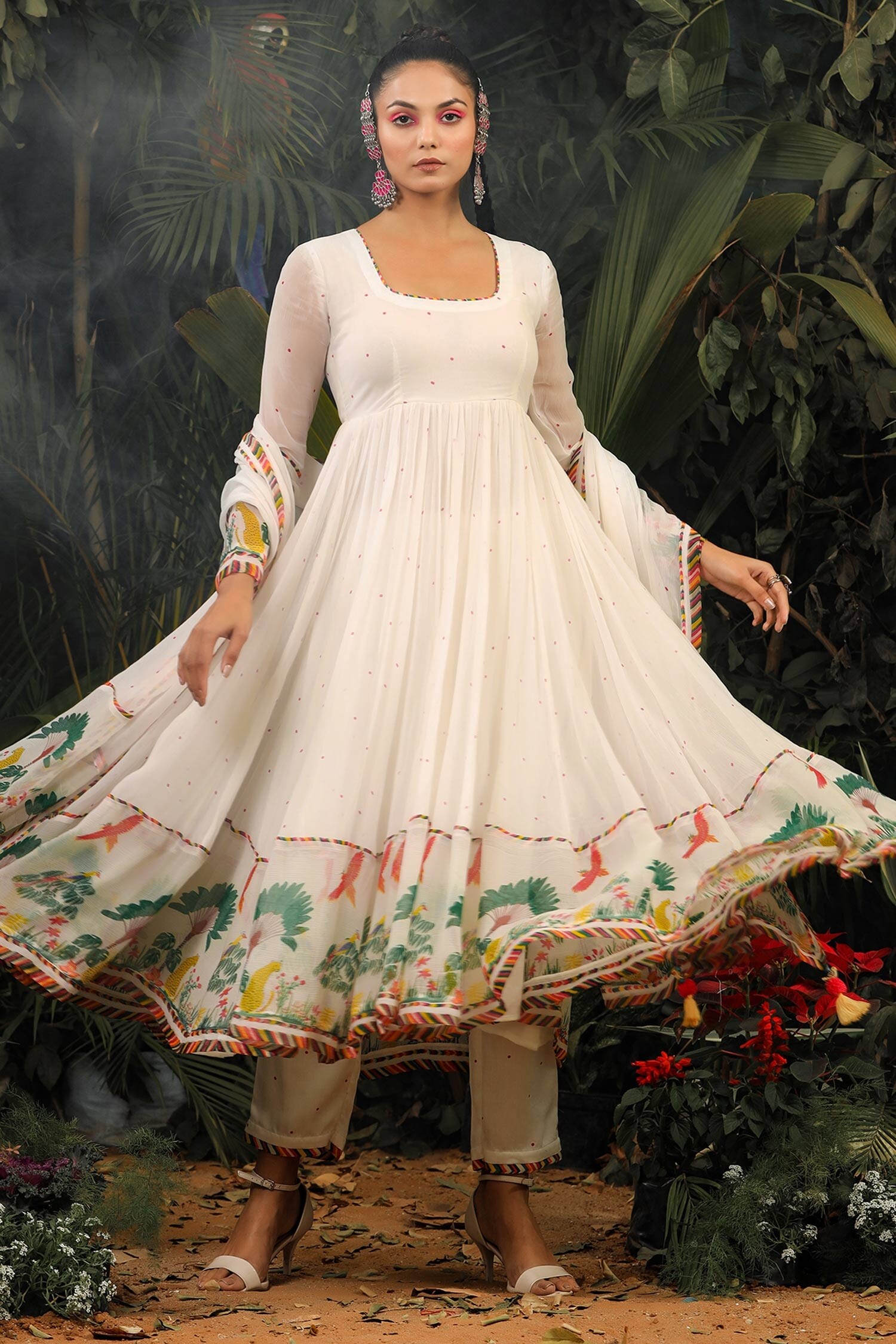 Buy White Modal Satin Printed Floral Scoop Neck Anarkali Set For Women