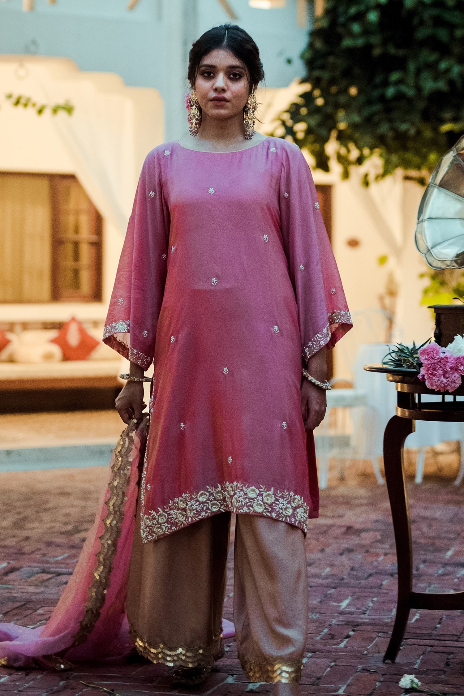 Buy Pink Satin Silk Embroidery Zardozi Round Kurta Palazzo Set For