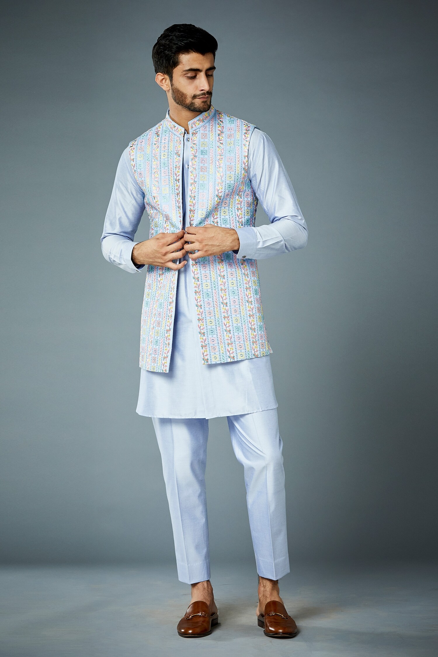 Buy Blue Bundi Poly Silk Embroidered Floral Motif Thread Work And Kurta