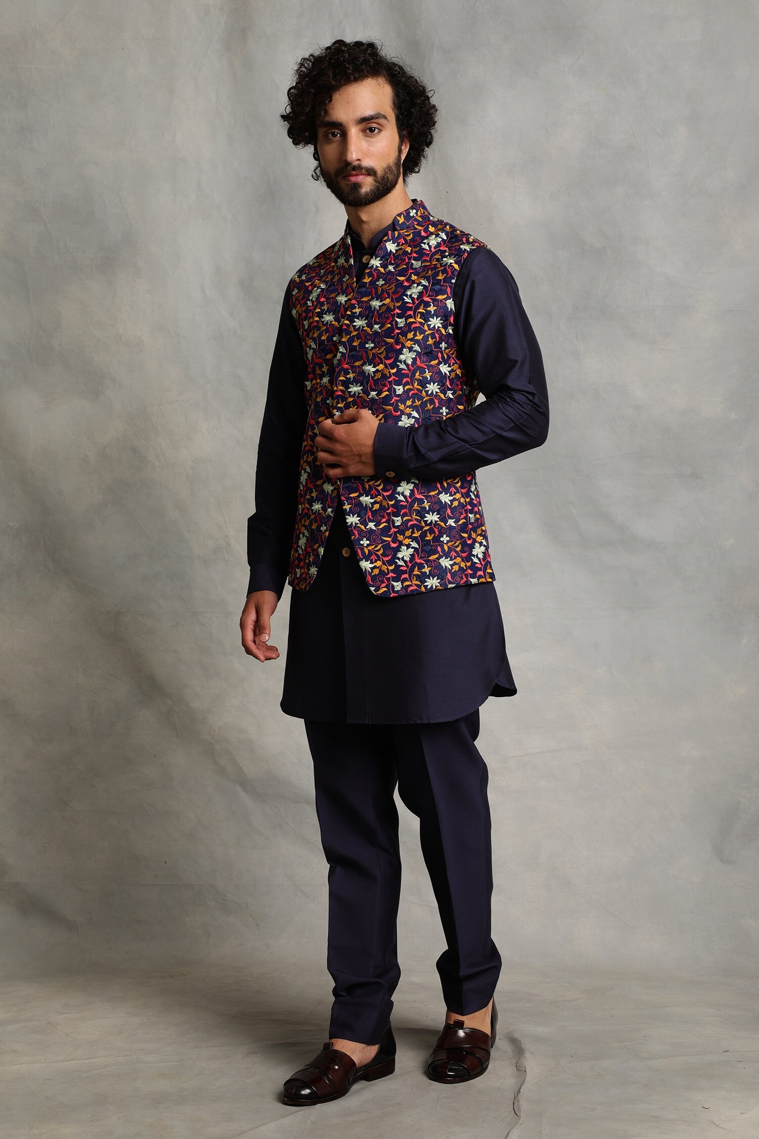 Buy Blue Poly Silk Embroidered Floral Bundi And Kurta Set For Men By