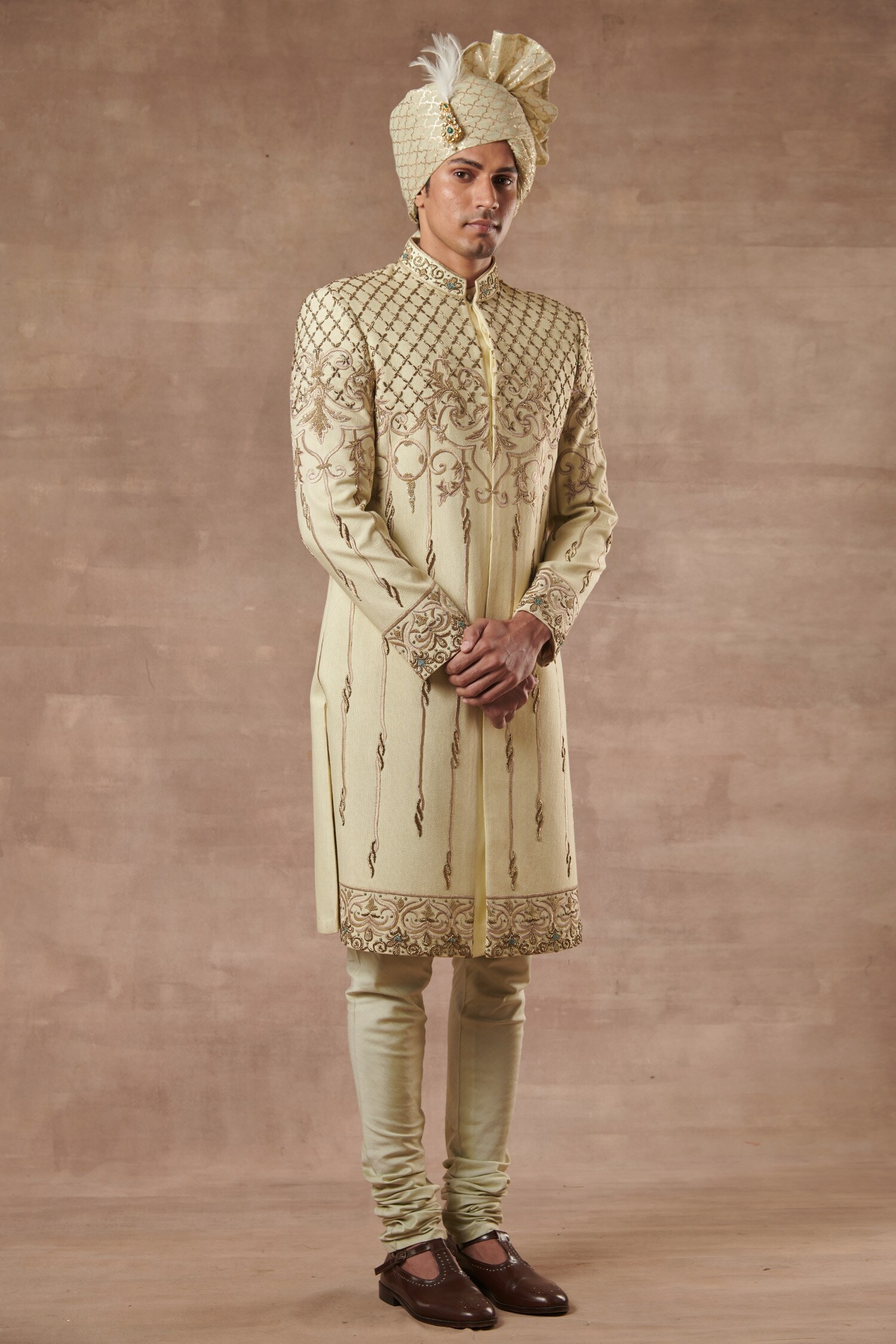 Buy Green Cotton Silk Embroidered Floral Sherwani Set For Men By Gargee