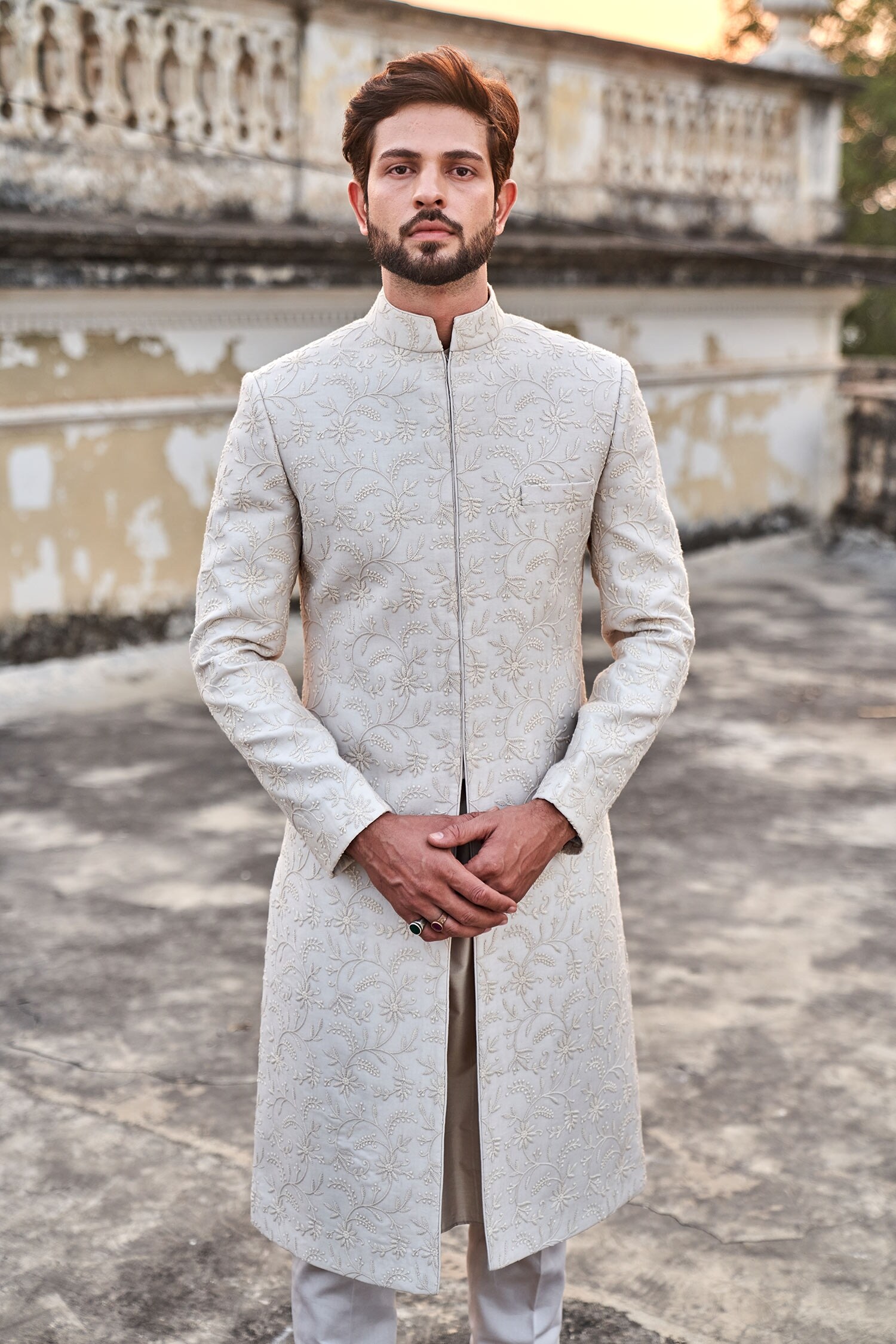 Buy Beige Chikankari Embroidered Zardozi Sherwani Set For Men By