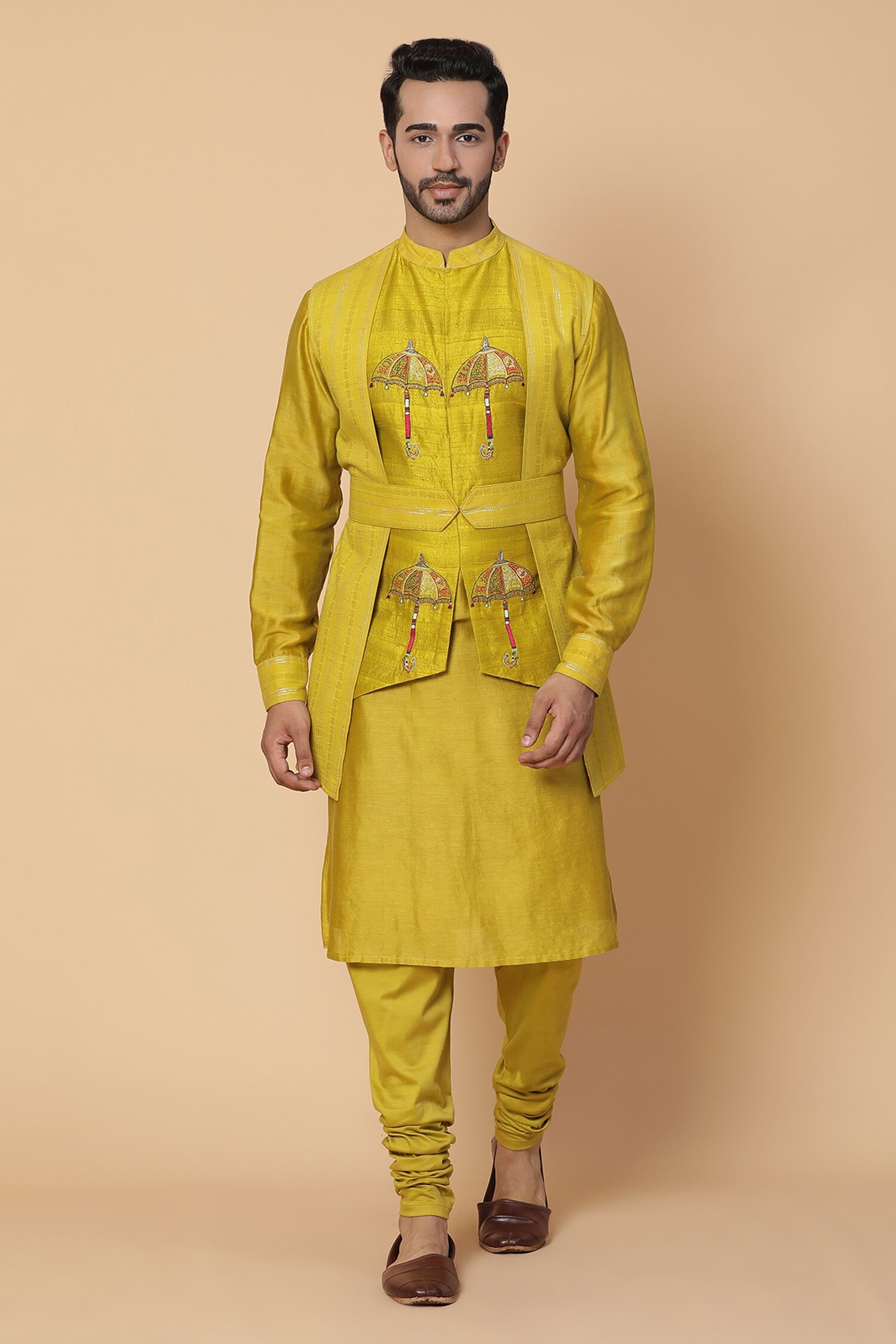 Buy Yellow Chanderi Embroidered Umbrella Motifs Layered Kurta Set For