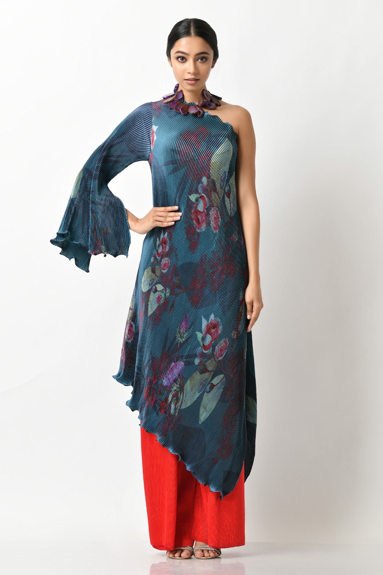 Buy Kiran Uttam Ghosh Blue Pleated Polyester Mix Printed One Shoulder