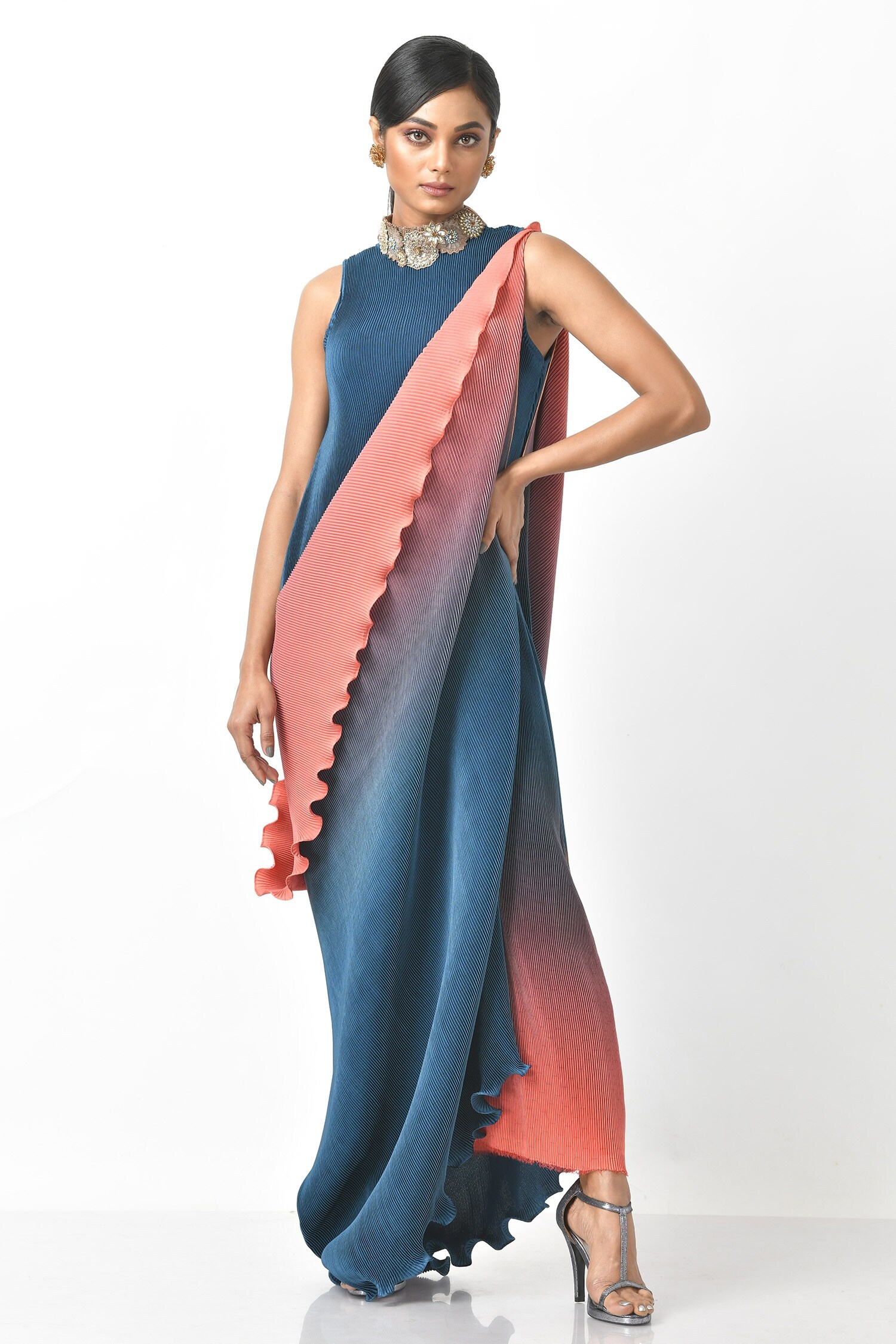 Buy Blue Pleated Polyester Mix Embroidery Sequin And Thread Gown With