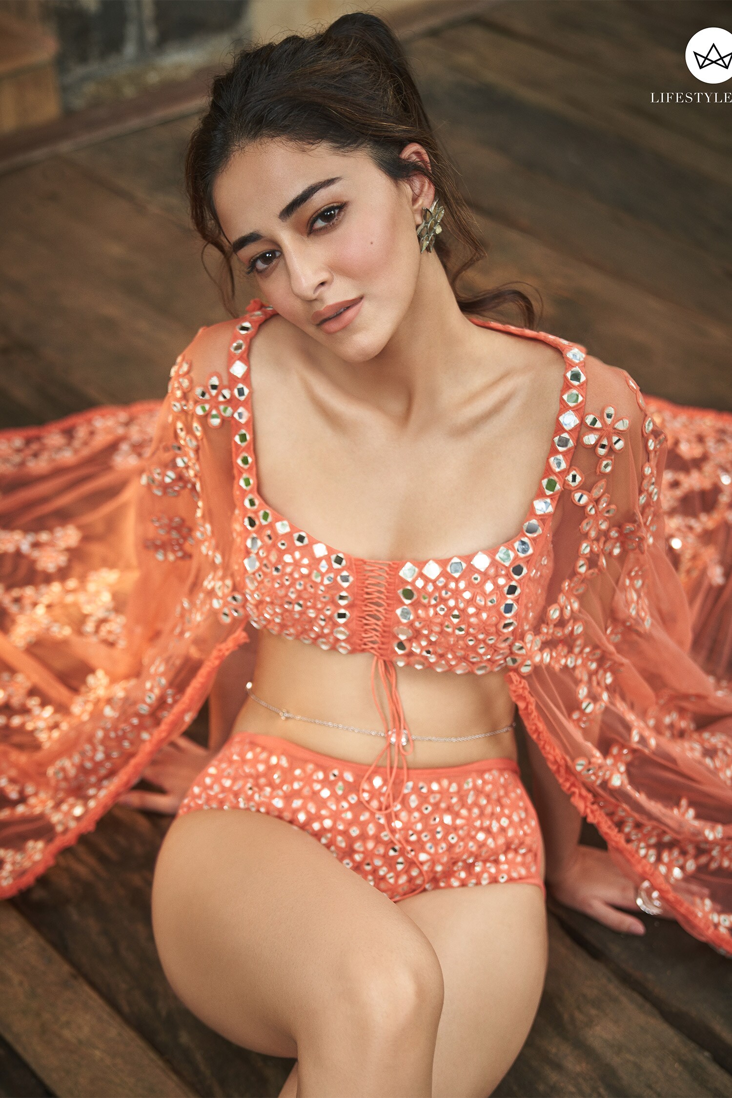 Buy Abhinav Mishra Orange Net Mirror Embellished Peplum Top And Bikini